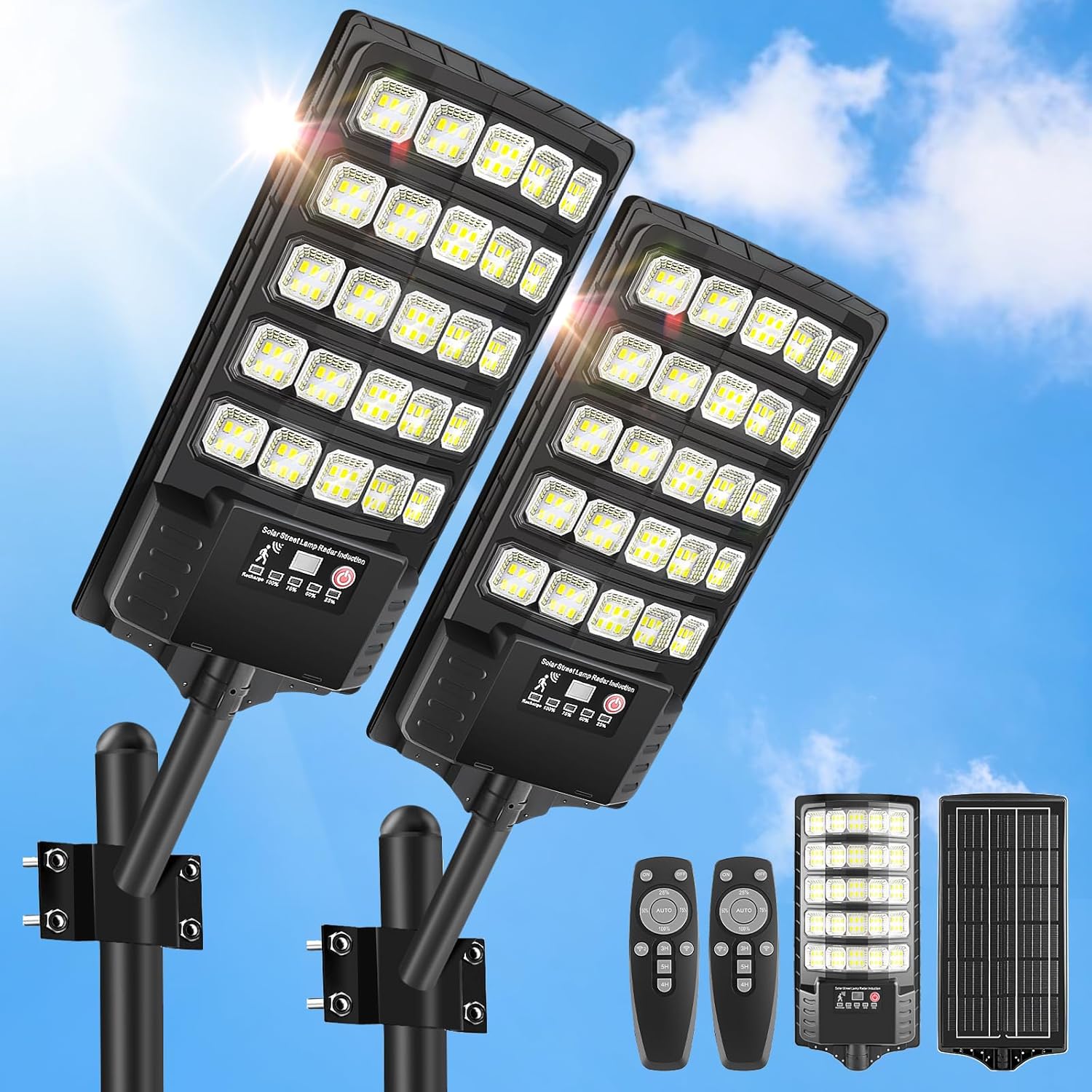 Photo voltaic Avenue Lights Out of doors Waterproof, 20000LM 6500K Movement Sensor LED Flood Lights, Nightfall to Daybreak Photo voltaic Lights with Distant, Photo voltaic-Powered Parking Lot Gentle, Business Space Lighting for Exterior 2Pack