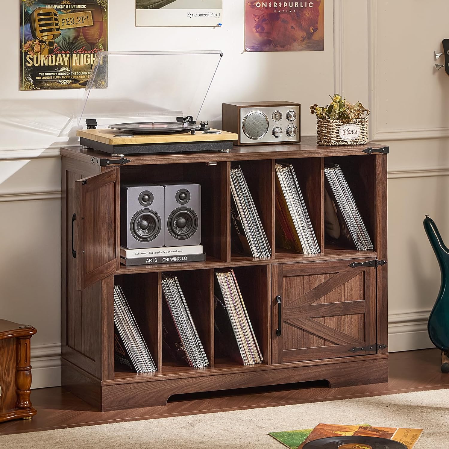 Soporte grande para tocadiscos con almacenamiento de vinilo de hasta 450 álbumes, armario de almacenamiento de nogal marrón de 39 pulgadas con