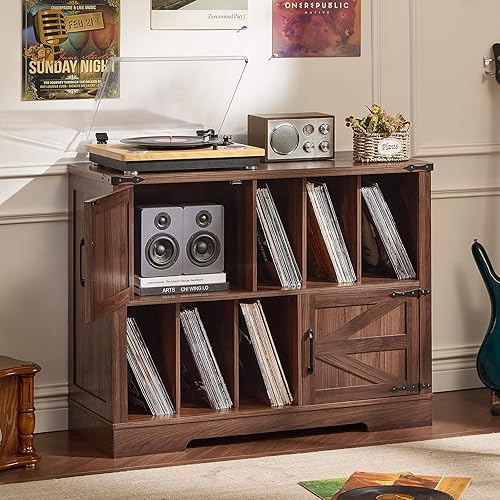 Soporte grande para tocadiscos con almacenamiento de vinilo de hasta 450 álbumes, armario de almacenamiento de nogal marrón de 39 pulgadas con