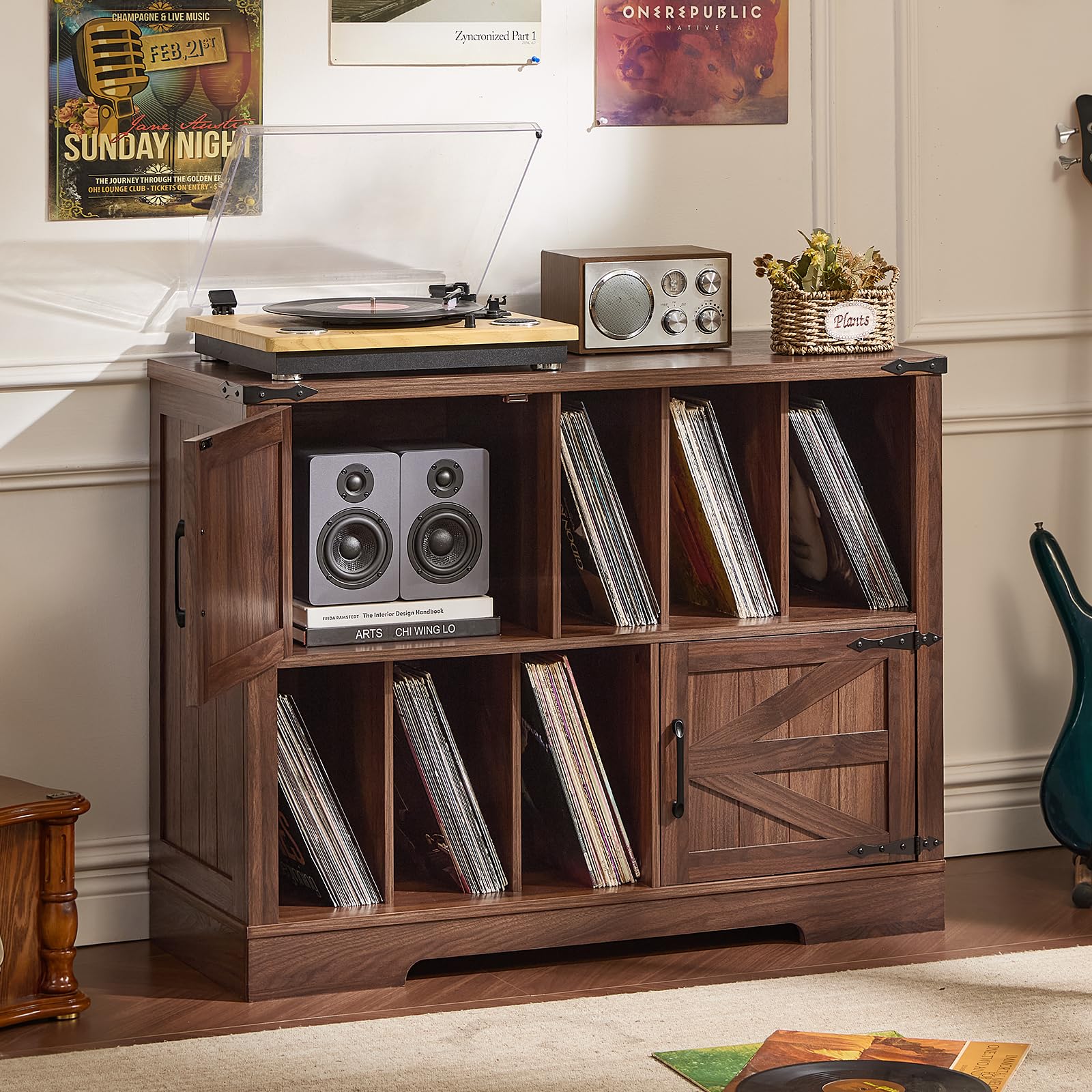Joaxswe Large Record Player Stand with Vinyl Storage Up to 450 Albums, 39 Inch Farmhouse Brown Walnut Storage Cabinet with Barn Doors, Wood Vintage