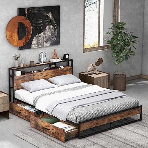 Miniatura 3 de Giantex Base de cama Queen con 2 cajones de almacenamiento y estación de carga, base de cama de plataforma industrial con cabecera de almacenamiento