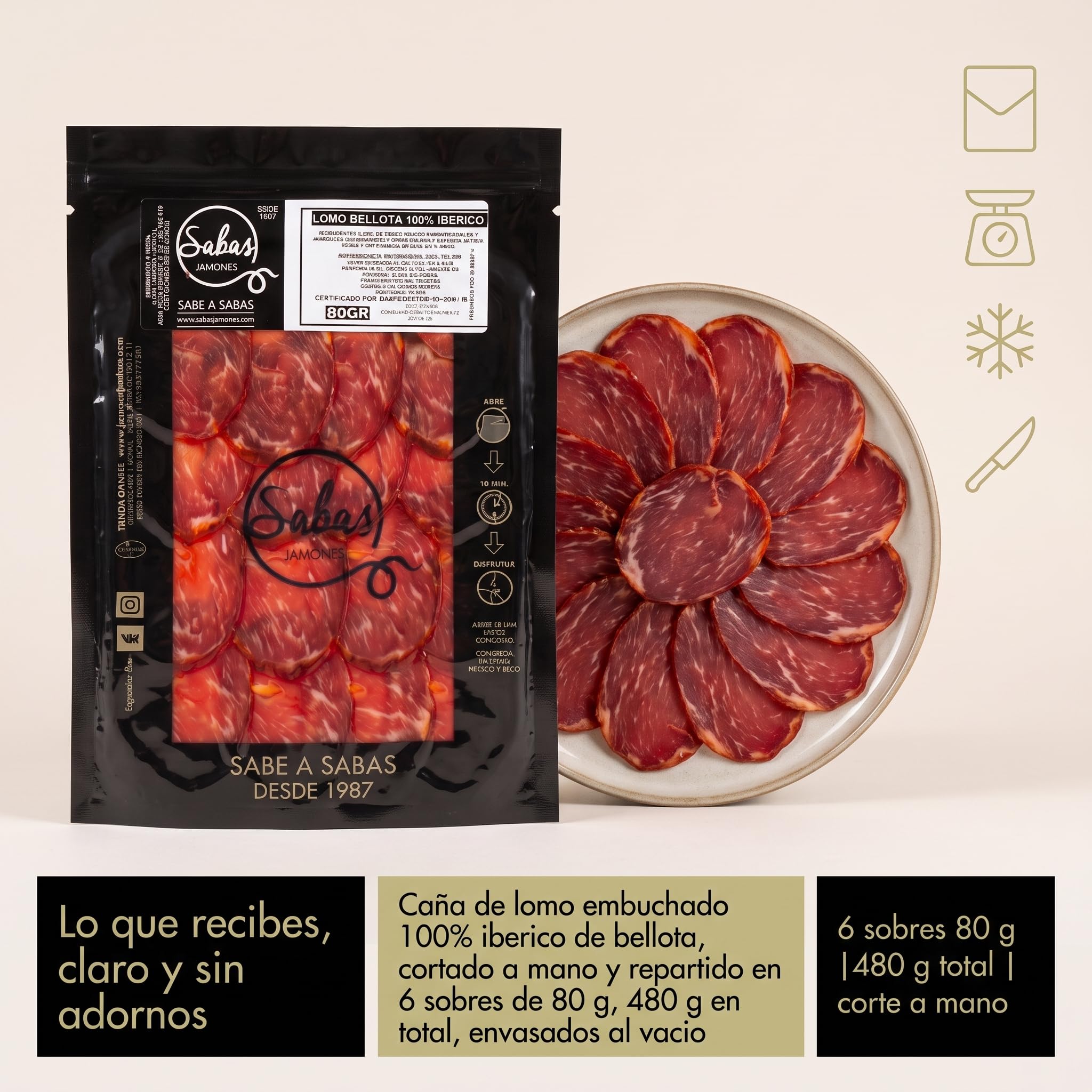 SABE A SABAS Lomo Bellota 100% Iberico Cortado a Mano Caña de Lomo de Jabugo Loncheado 6 Sobres de 80g lomo Iberico 100% curacion natural Tabla Aperitivo Picoteo Regalo Gourmet lo mejor de la Dehesa
