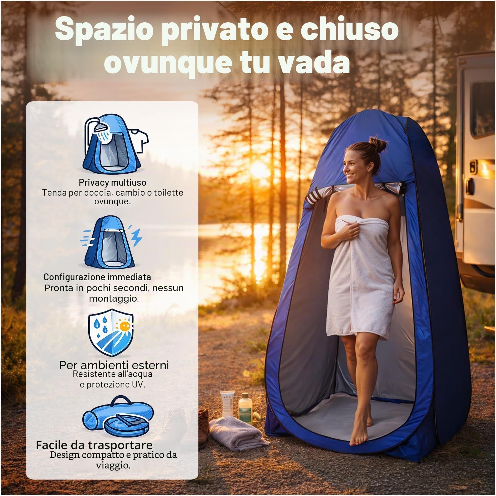 Tenda Doccia Pop Up – Tenda WC da Campeggio con Borsa per il Trasporto – Leggera e Portatile – Incluse 4 Picchetti, 4 Corde di Fissaggio – 190x120 cm – Campeggio, Spiaggia ed Esterni