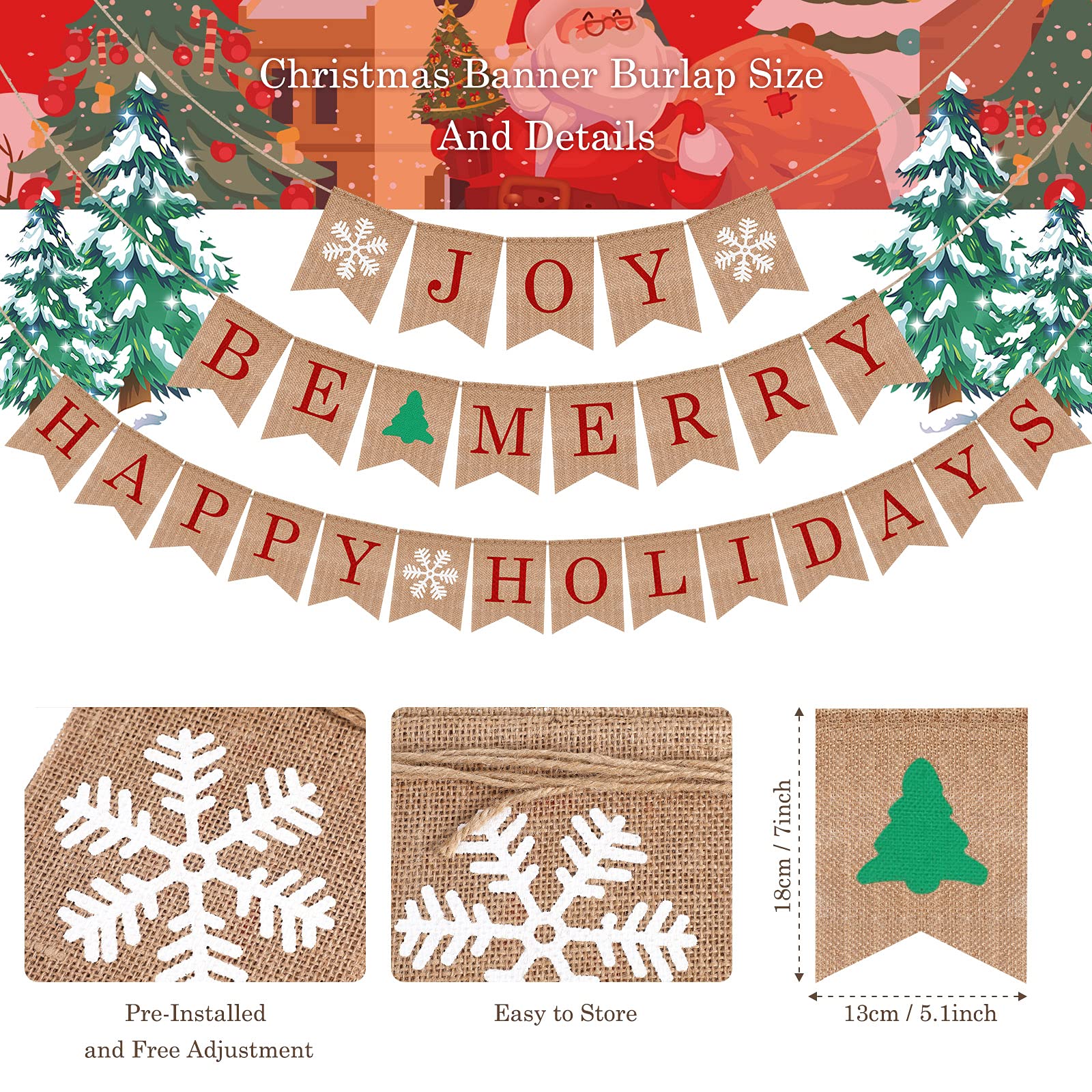 Banner de arpillera de Navidad de fieltro Pom Garland Banner Be Merry Bunting Banner Happy Holidays Banner Joy Bunting Banner para vacaciones de cumpleaños, decoración de aniversario