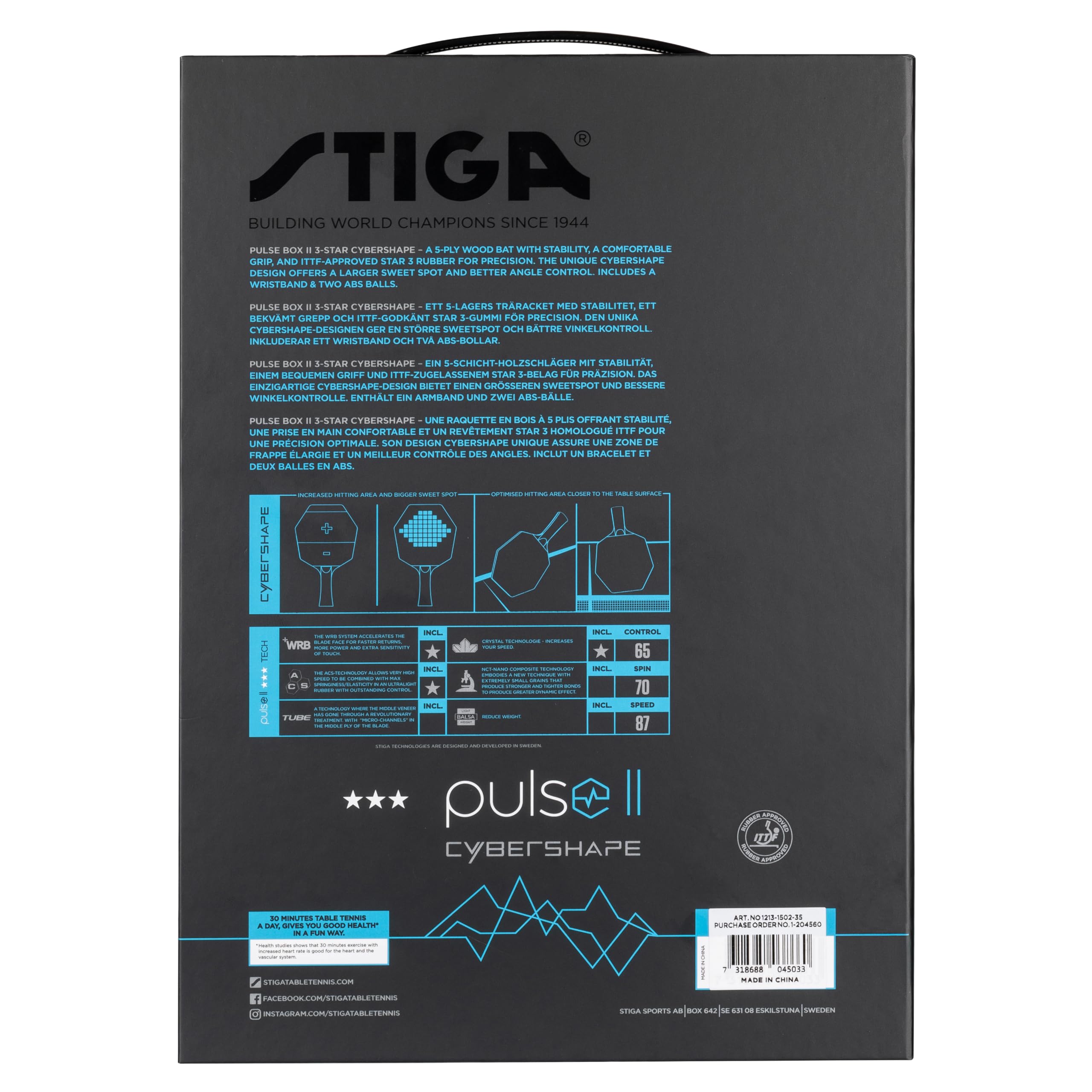STIGA Tischtennis Set Pulse Box II 3-Star Cybershape - 3 Sterne ITTF-zugelassene Tischtennisschläger + 2 Bälle + Schweißband