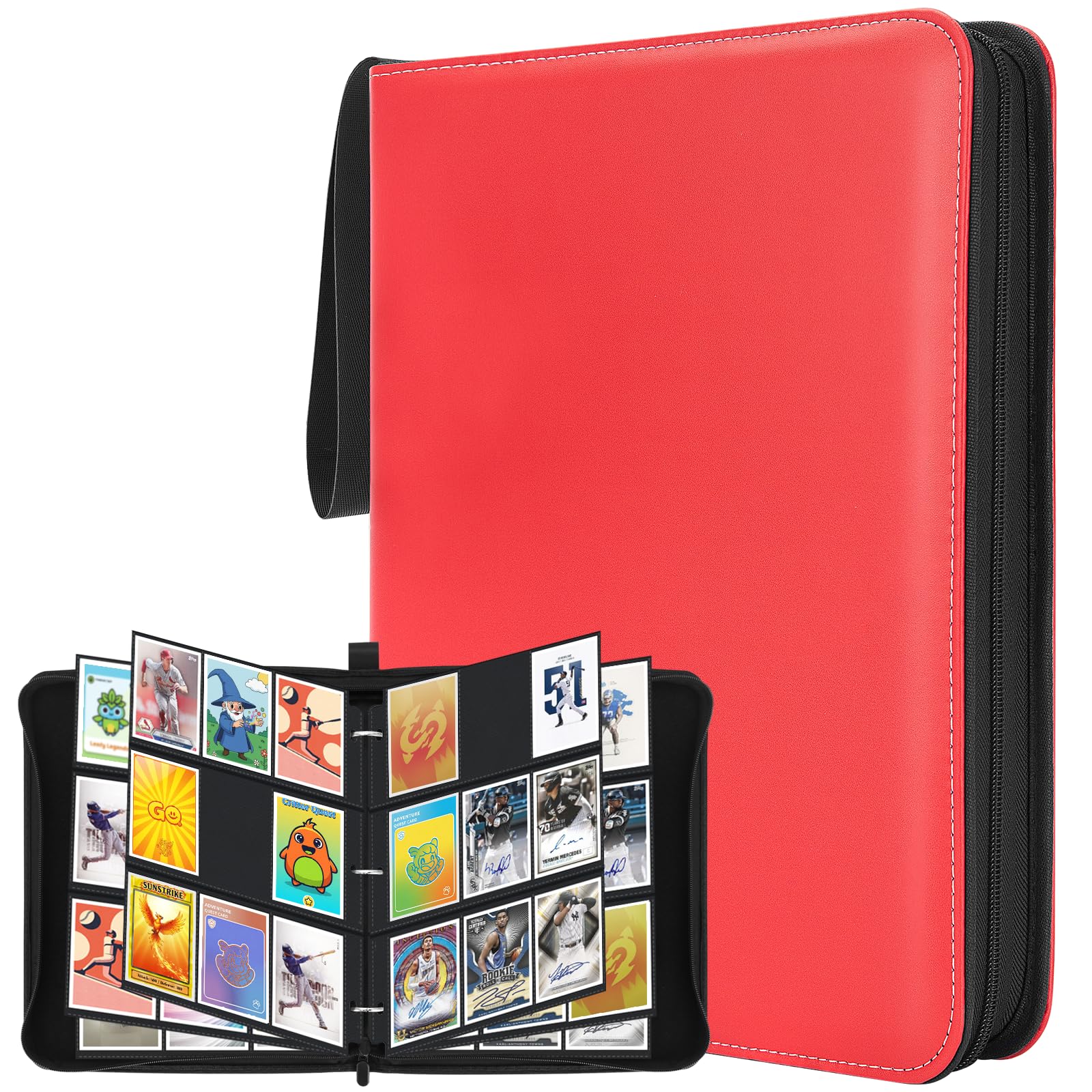 WISYOK Card Binder, 9 Pocket 900 Pockets Trading Card Binder, PU Cards Collection Folder Holder Book with Zipper, Toploader Binders for Football-Card, TCG, MTG (Red)