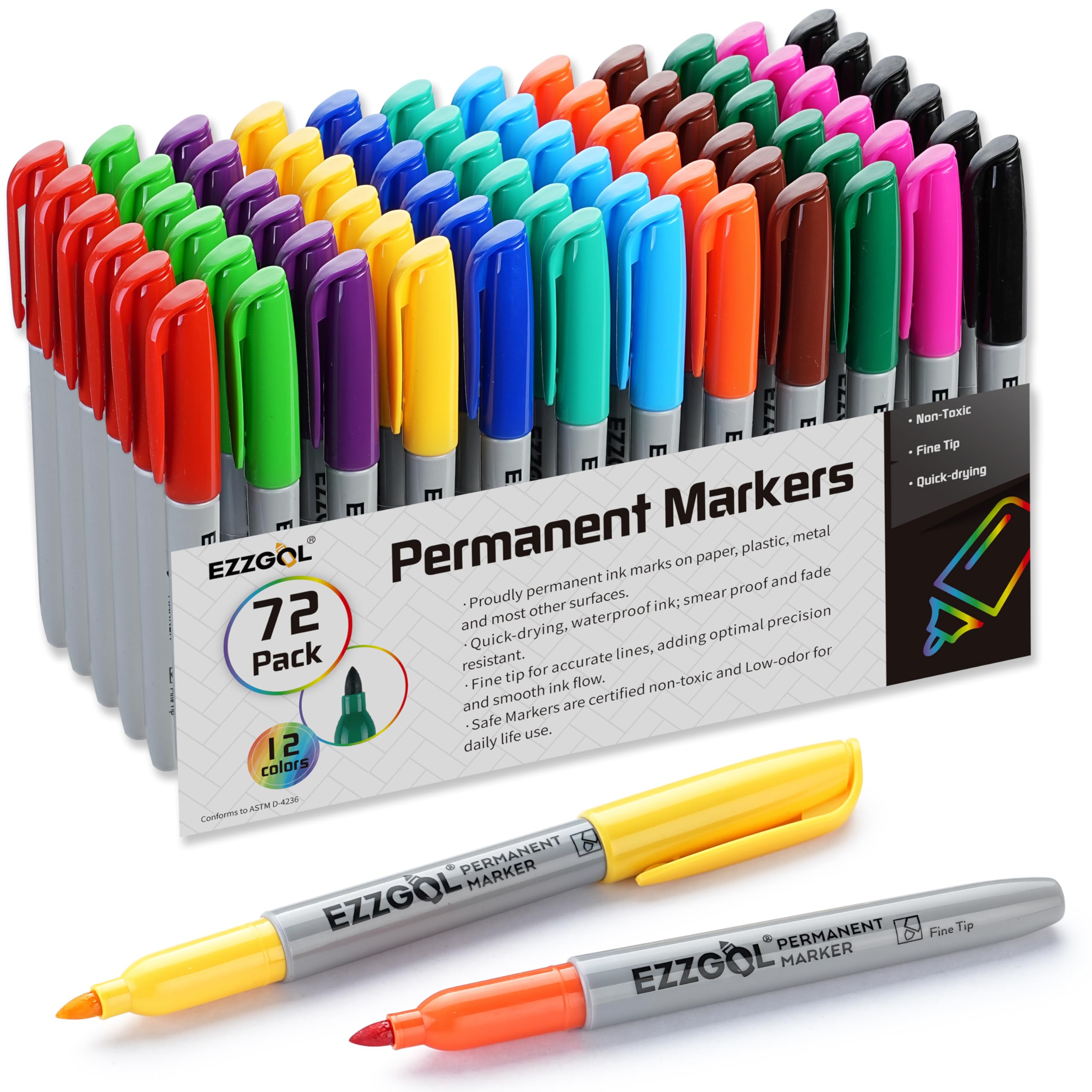 Permanent Markers Bulk, Permanent Marker Bulk Pack of 72, 12 Assorted Colors, Fine Point Permanent Markers For Adult Coloring as Office, School Supplies