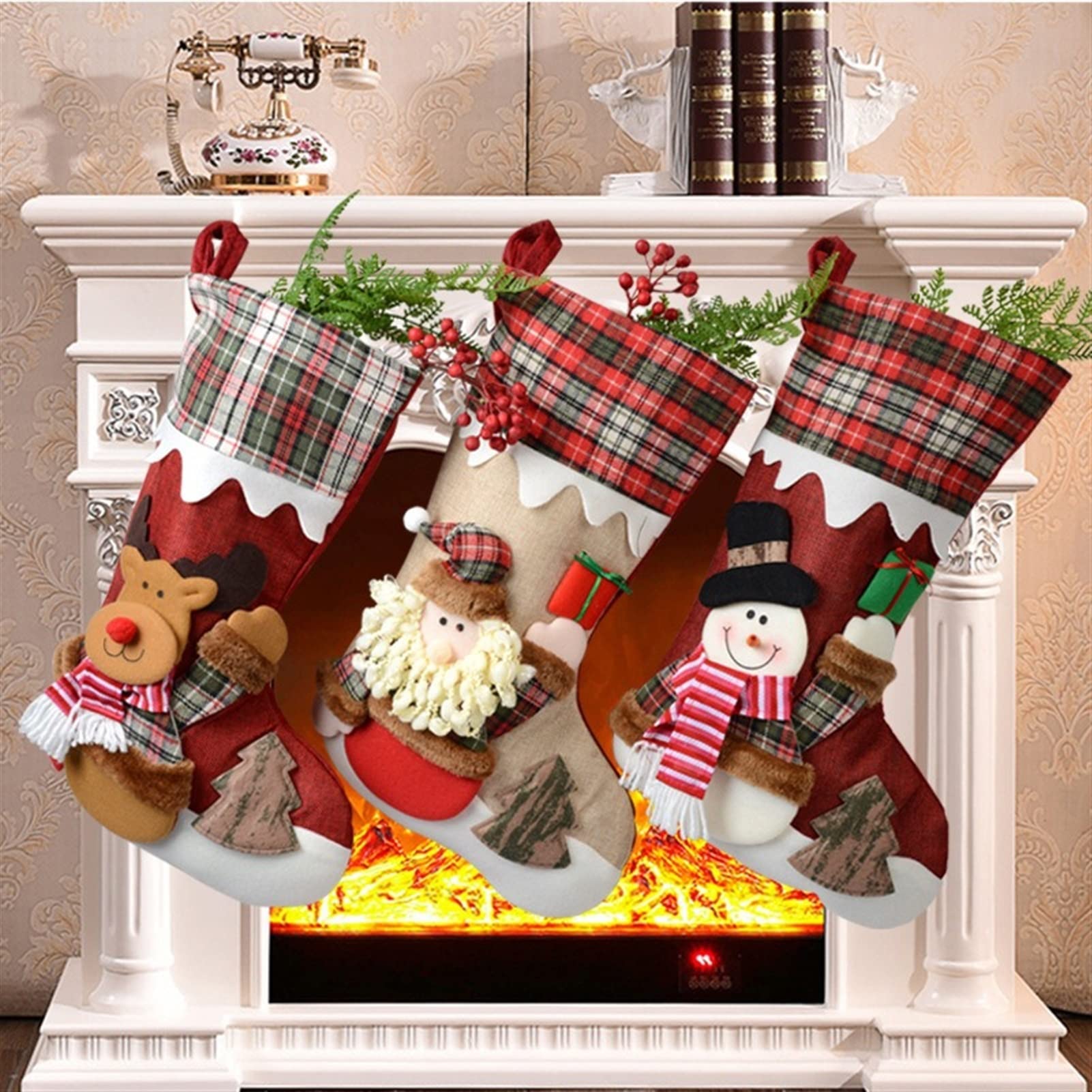 WAYOM 3 Stück Weihnachtsstrumpf, Groß Nikolausstiefel Nikolausstrumpf Weihnachtsdeko, Weihnachten Christmas Stocking Weihnachtsbaum Kamin Deko Weihnachtssack