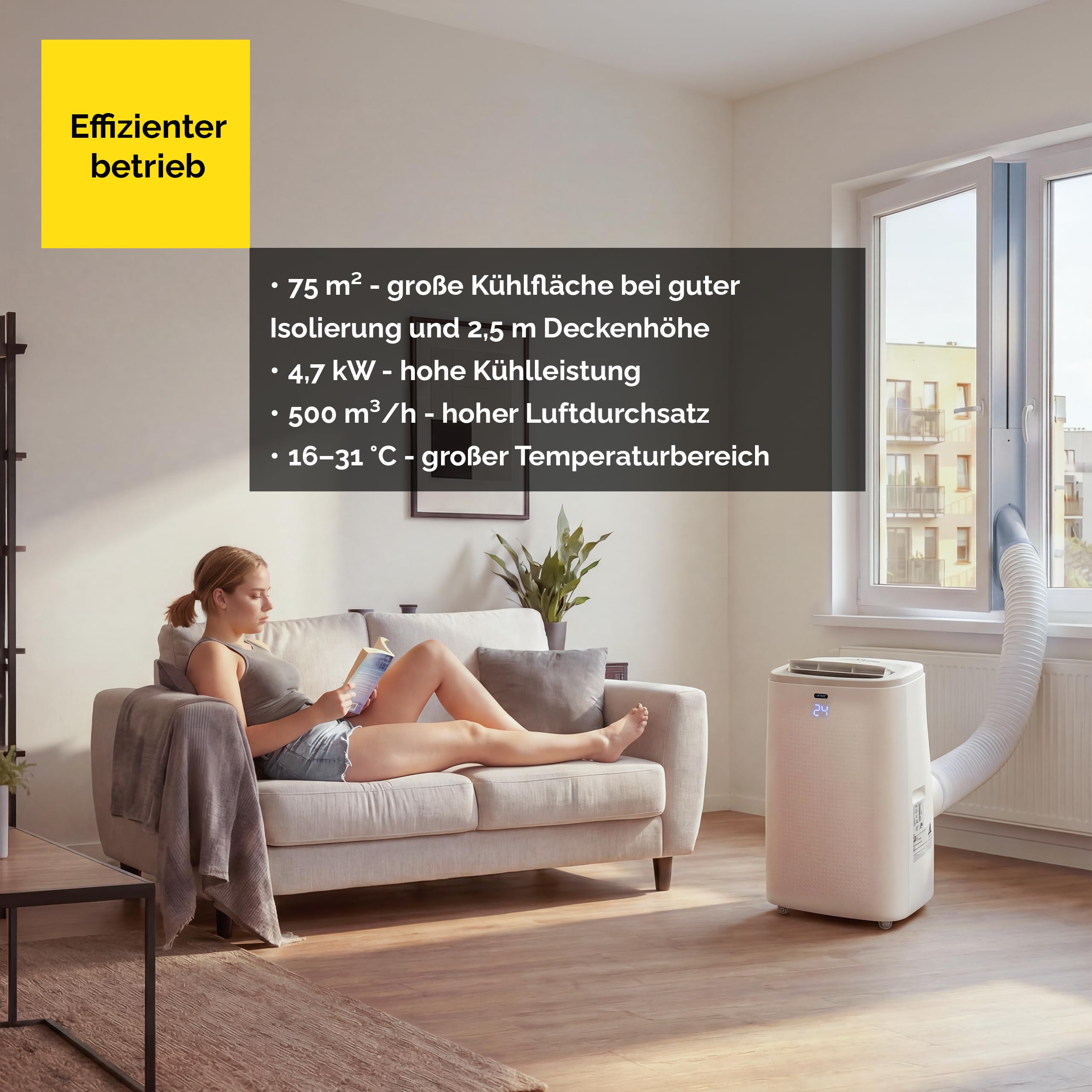 Yoer Mobile Klimaanlage, 16000 BTU, 4,7kW, 54 dB leise, 4-in-1 Kühlen Heizen Entfeuchten und Lüften, Raumgröße bis 75 m², WLAN, Fernbedienung, Arctico Pro PAC02W, weiß