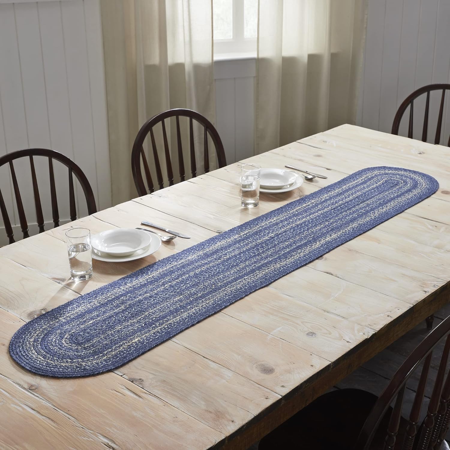 VHC Brands Great Falls, Braided Jute Table Runner, Oval, Blue, 13x72
