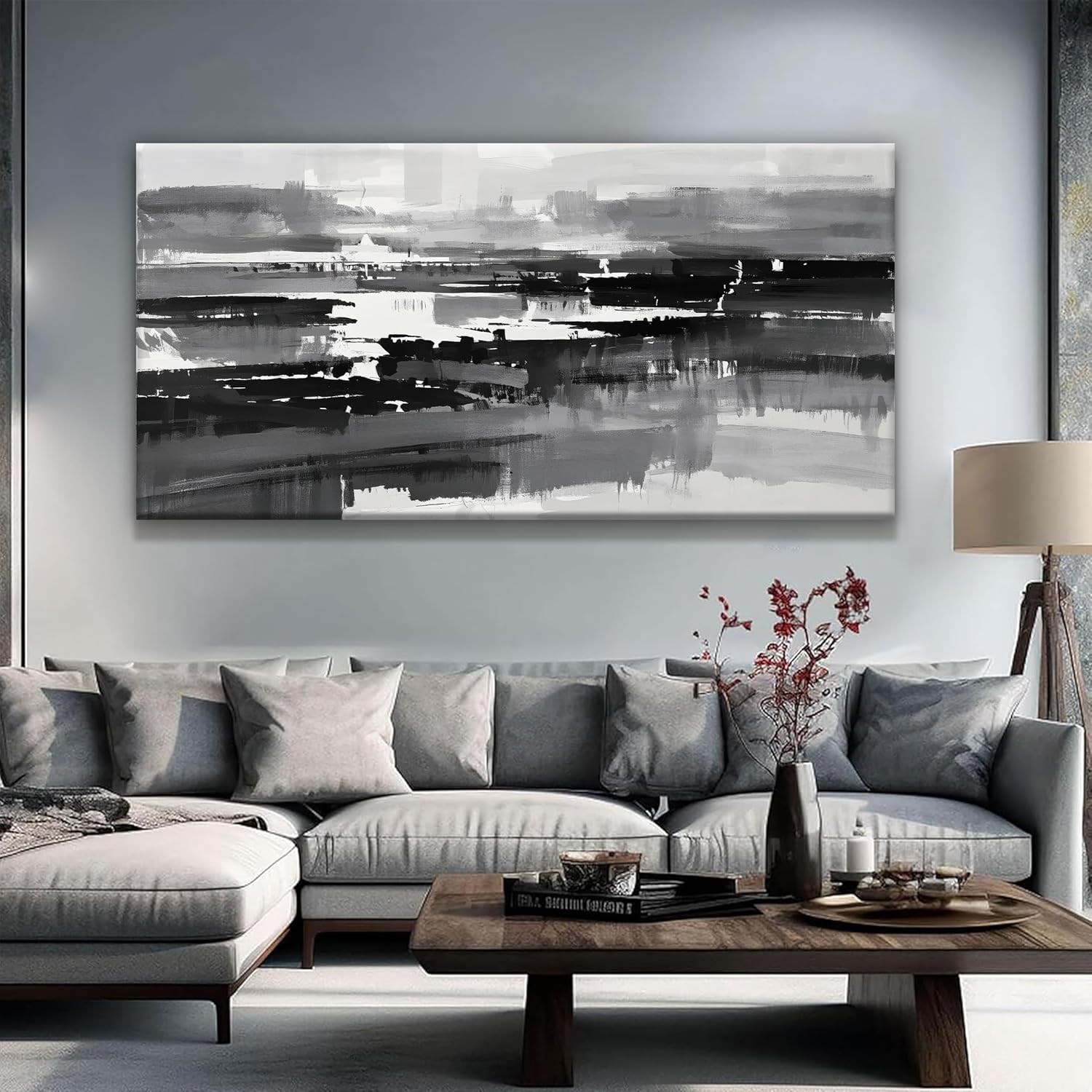 Black Grey And White Abstract Wall Art For Living Room Large Size Canvas Art Wall Decor Bedroom Office Decor Black Grey Abstract Wall Decor Painting Abstract Art Prints 29×58 In - Image 2