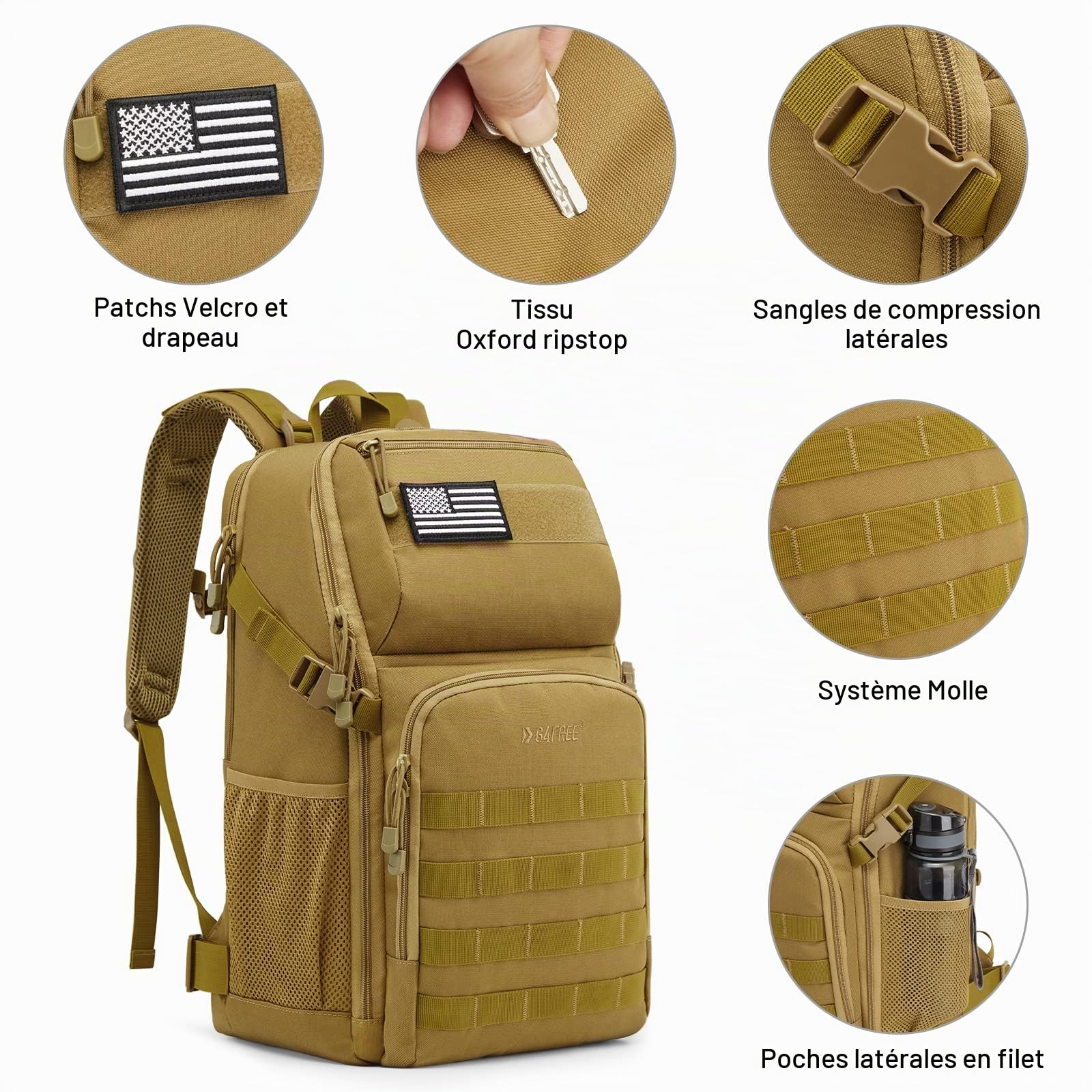 G4Free Sac à dos tactique militaire de 35 l - Grand sac à dos militaire - Sac à dos Molle - Sac à dos pour activités de plein air randonnée camping trekking chasse
