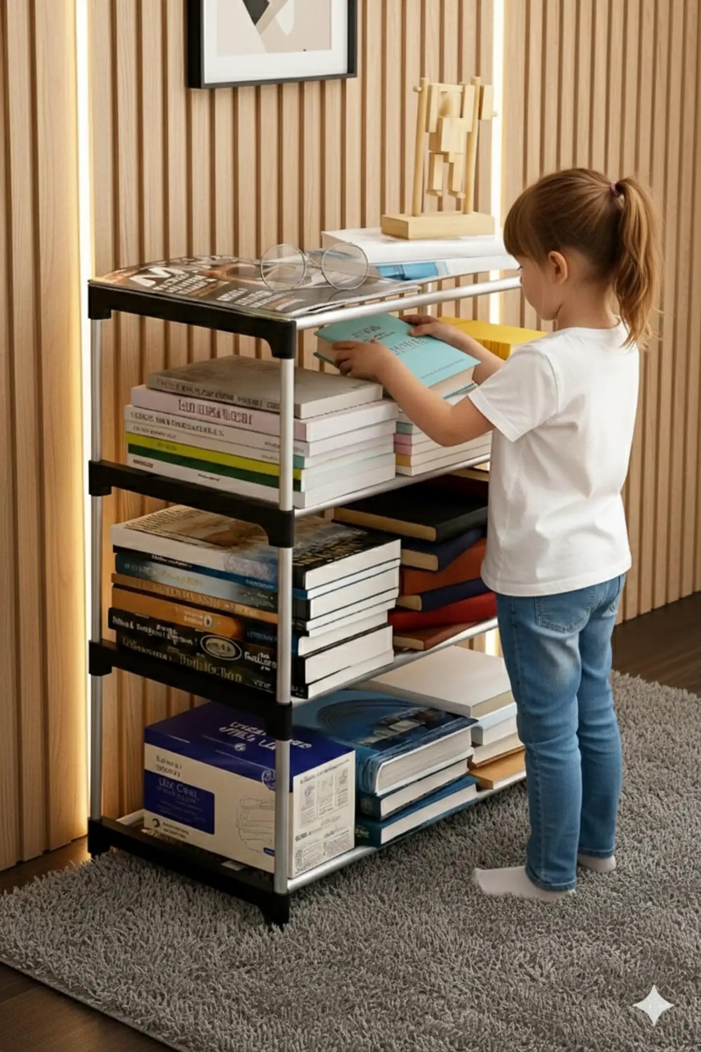 4 Tier Book Self Portable Book Shelf, Kids Books Racks for Home Plastic, Book Shelves, Stand, Organizer, Book Rack for Study Room/Library/Bedroom-Black & White (Black & White, 4-Shelf)
