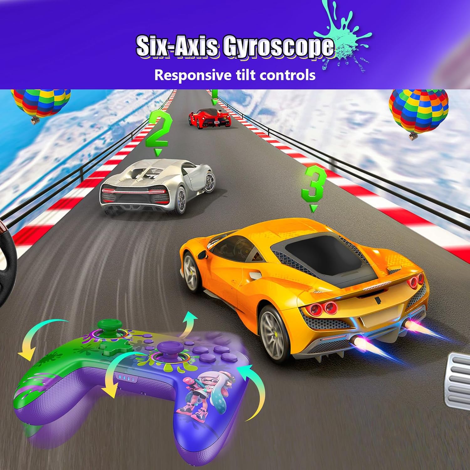 Image showing the NexiGo controller being used for a racing game, demonstrating responsive tilt controls via the six-axis gyroscope.