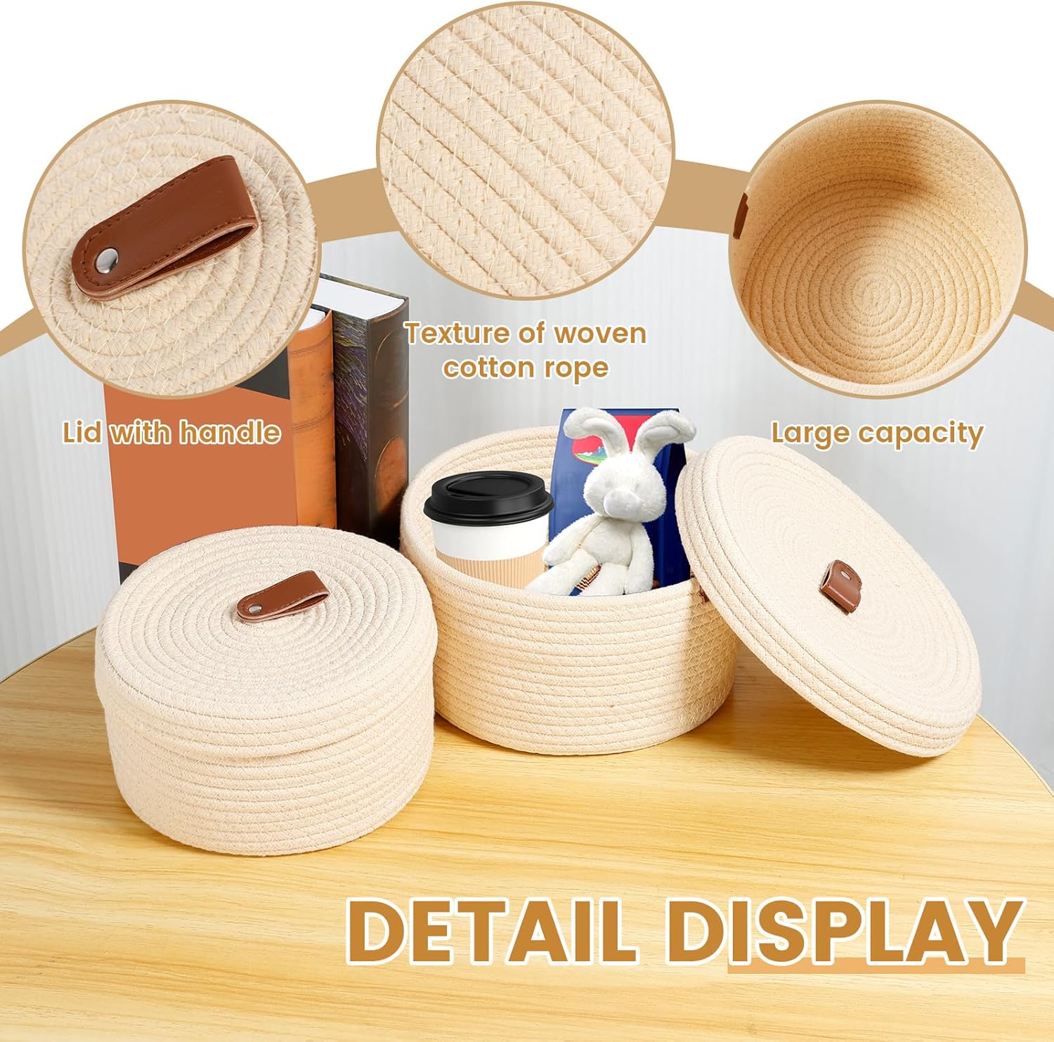 US 2 Pcs Round Basket with Lid Cotton Rope Storage Basket Decorative Woven Storage Baskets Multifunctional Lidded Round Basket for Organizing Snacks Yarns Keys Toys(Beige)