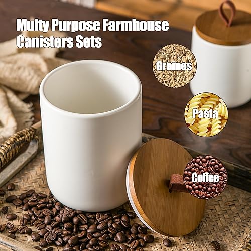Miniatura 3 de JOJUNO Juego de recipientes de cerámica blanca con tapa de madera, tarros herméticos de almacenamiento de alimentos de 3 piezas para encimera de