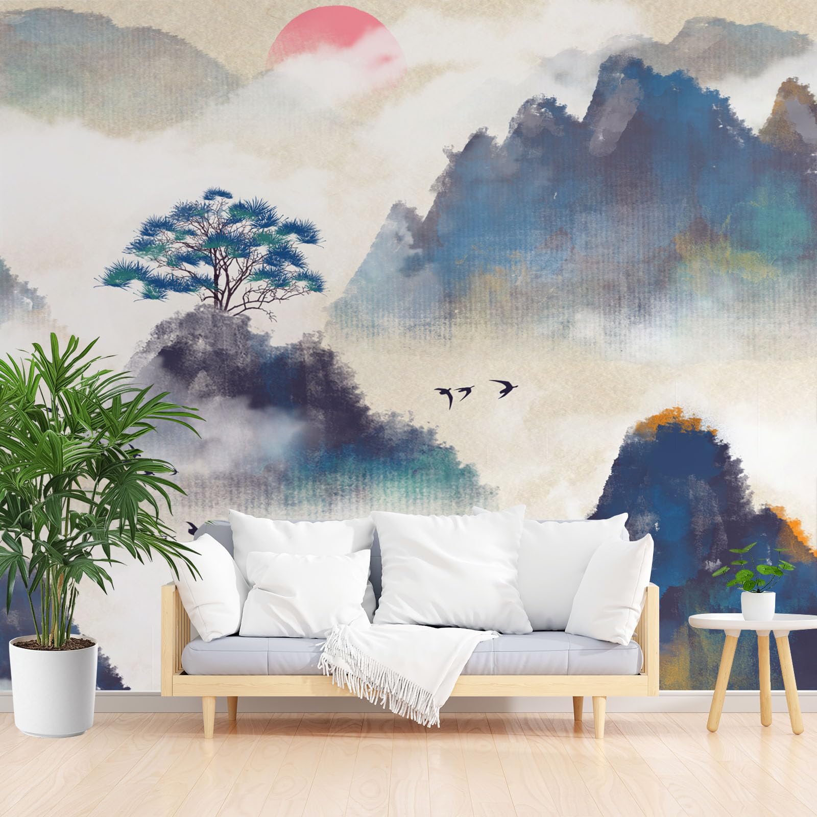 Papier peint intissé paysage naturel montagnes pour masquer les défauts des murs du salon