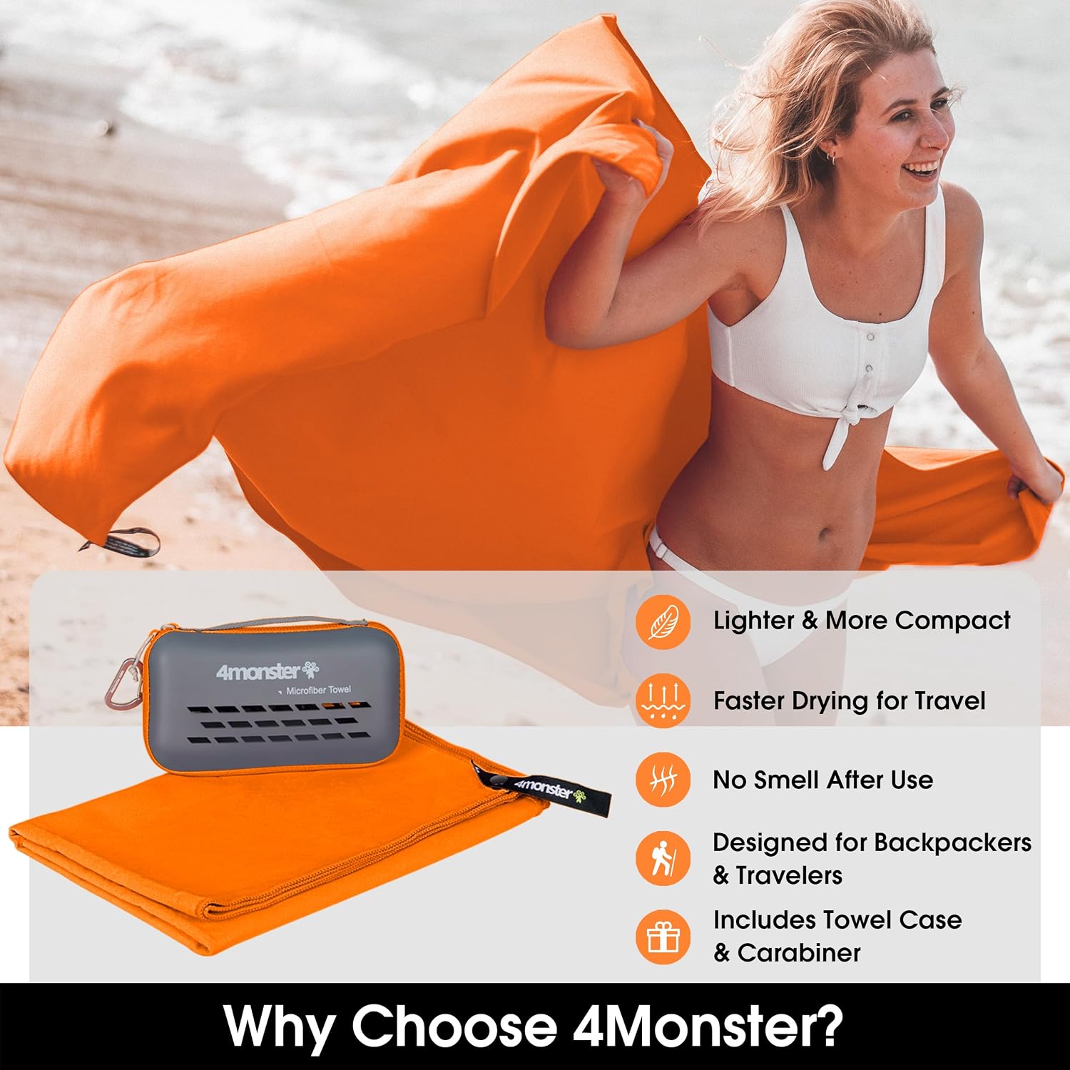 4monster quick dry travel towel with case & carabiner – super absorbent microfiber gym & camping towel. compact, lightweight, fast drying for beach, swimming, hiking, backpacking orange 71.00" x 35.00"