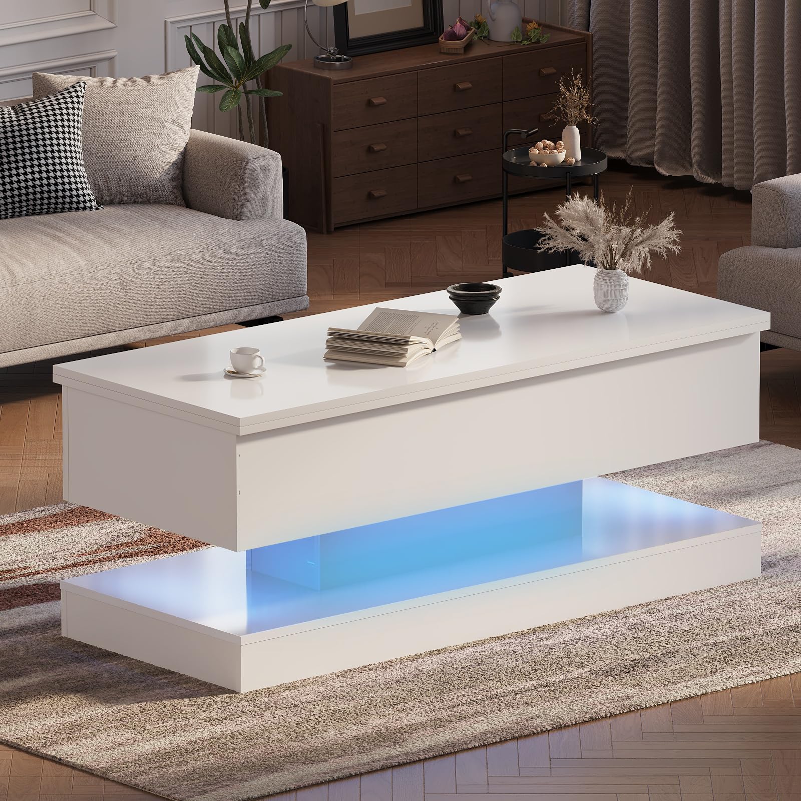 47 2 Inch Large Lift Top Coffee Table Modern High Glossy LED Storage Table with Remote Control for