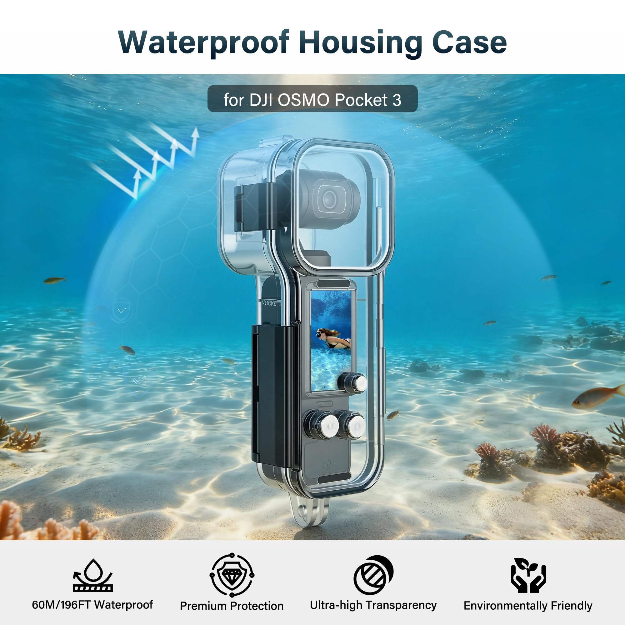 Walking Way wasserdichte Hülle für DJI Osmo Pocket 3, Anti-Beschlag Unterwasser-Kameragehäuse, Käfig unterstützt 60m Tiefentauchen mit Schnellverschluss-Halterung, Schraubenzubehör