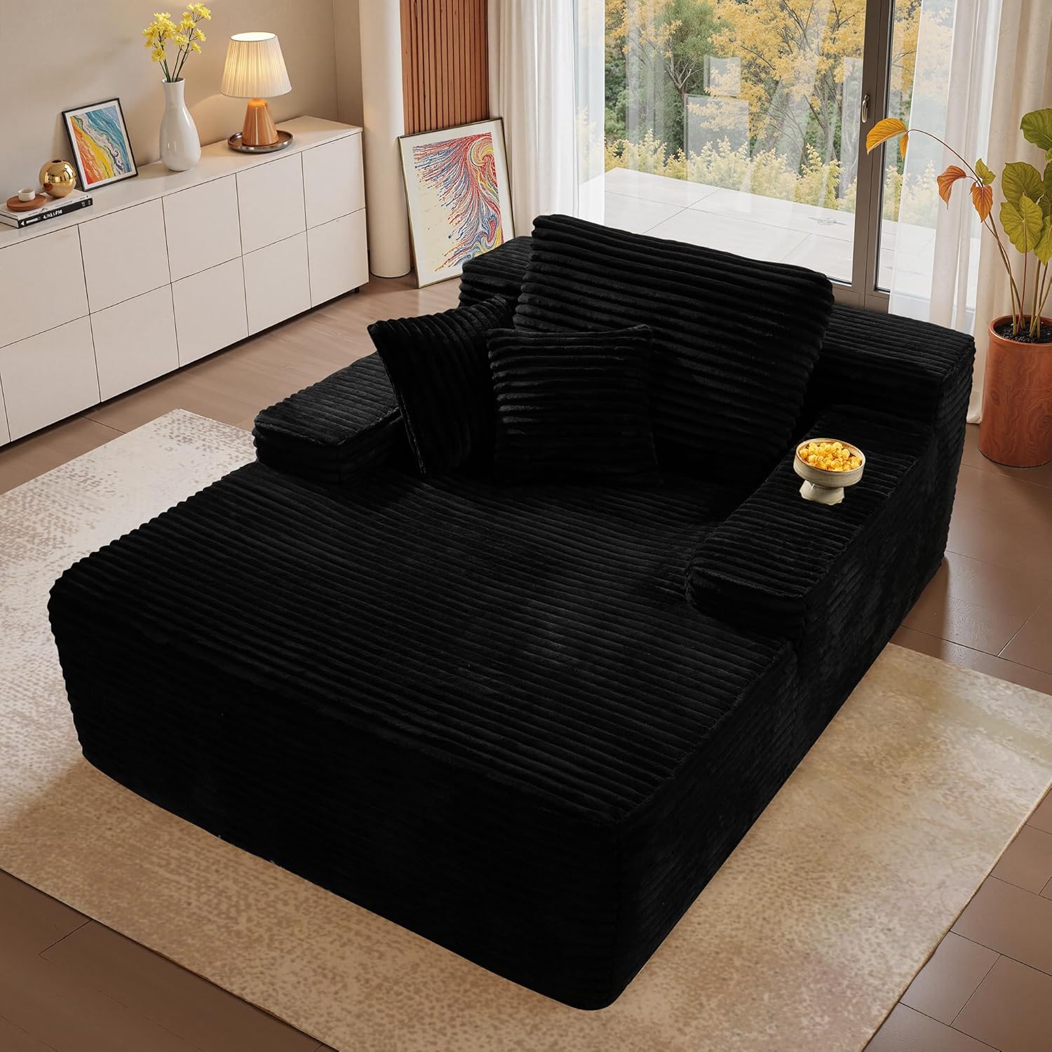 Chaise Lounge Chair Indoor, 67" Oversized Comfy Plush Fur Sleeper Sofa Bed, Boneless Upholstered Recliner Bed with Pillows and Wide Armrests, Modern Cloud Couch for Living Room, Black