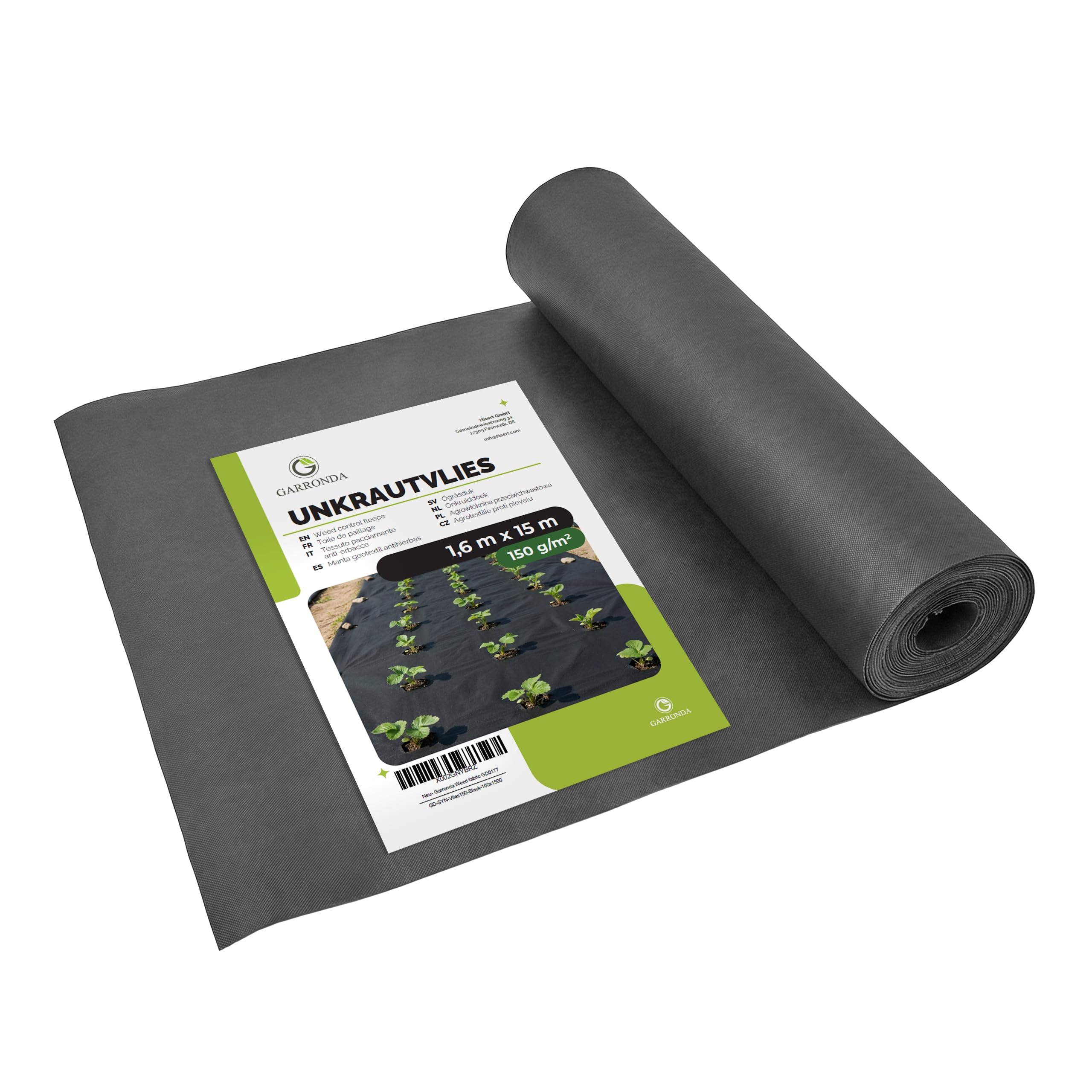 Garronda 1,6x15m Unkrautvlies 150g/m² Gartenvlies wasserdurchlässig GD-0177 | Schwarz und reißfest, als Bodenvlies zur Unkrautkontrolle und Bodenabdeckung für Beete, Wege, Untergrund und Garten