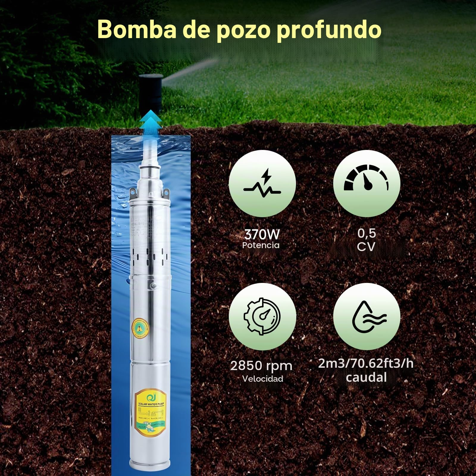 Bomba sumergible solar para fuentes, 24 V, 370 W, bomba de agua sumergible, 1800 l/h, bomba para fuente, fuente, máxima altura de 65 m