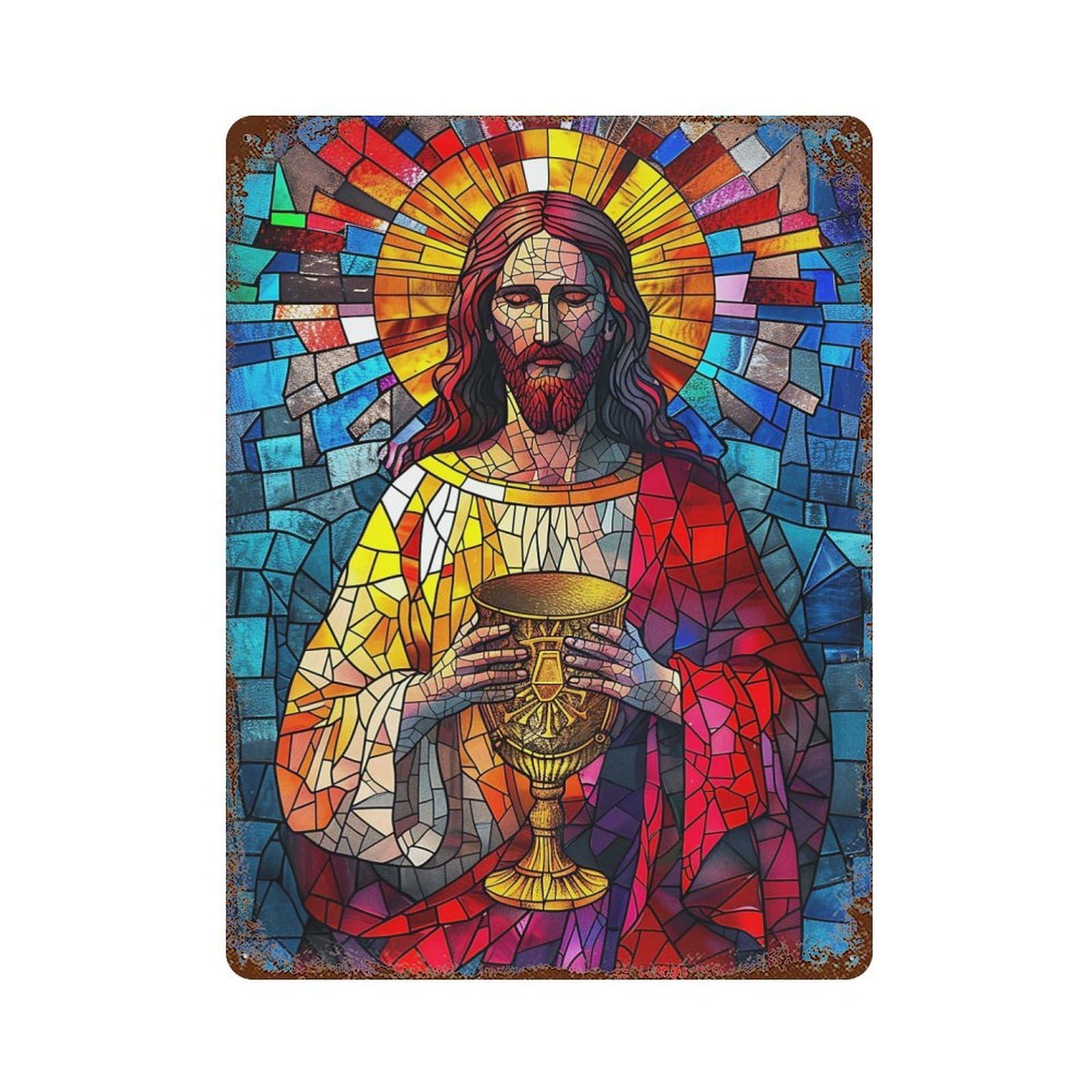 Mosaic Jesus 2 Vintage Wall Sign 15.7"x11.8", Rust Effect Metal Decor for Living Room, Hallway And Home Decor