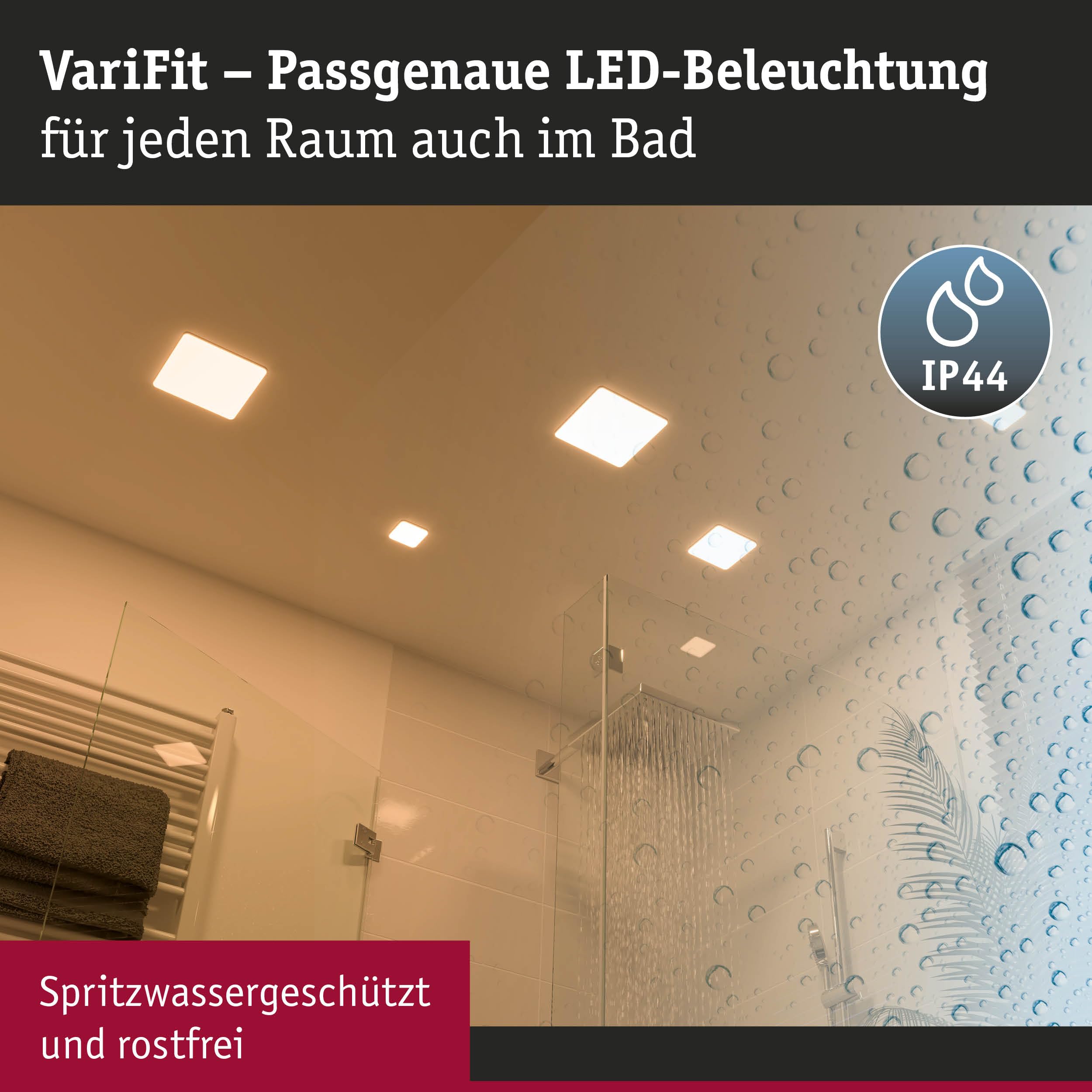 Paulmann 92395 Panel LED, oprawa wpuszczana Veluna VariFit, IP44 185x185mm czworok., w kompl. oprawa sufitowa 1x17 W satyn. tworzywo sztuczne 3000 K