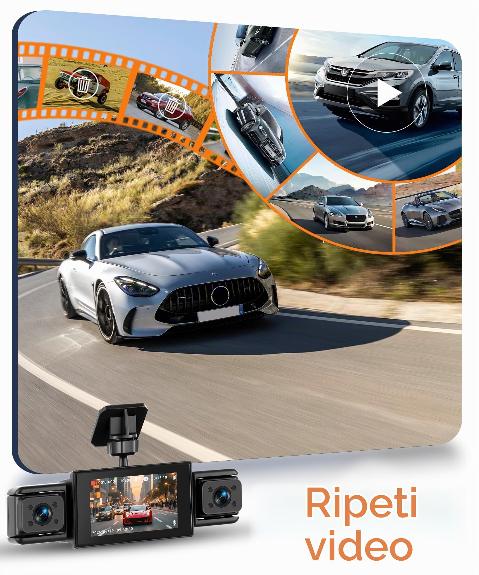 Rimoody 4 Canali Dashcam Auto 360°, 108P 4 Telecamere Anteriore Posteriore Sinistra Destra, 3 Pollici Schermo IPS Dash Cam, Visione Notturna 8 IR, Registrazione in Loop, Monitoraggio Parcheggio 24H