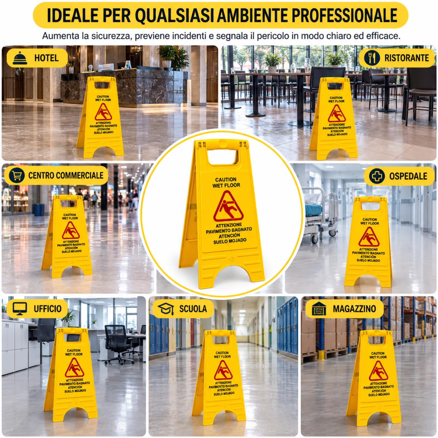 OWIJI Cartello Pavimento Bagnato Set 4 Cavalletti Pericolo Multilingue Bifacciale Segnale Autoportante Giallo Pieghevole 28x60 cm Plastica Alta Visibilità per Sicurezza Luoghi Pubblici e Lavoro