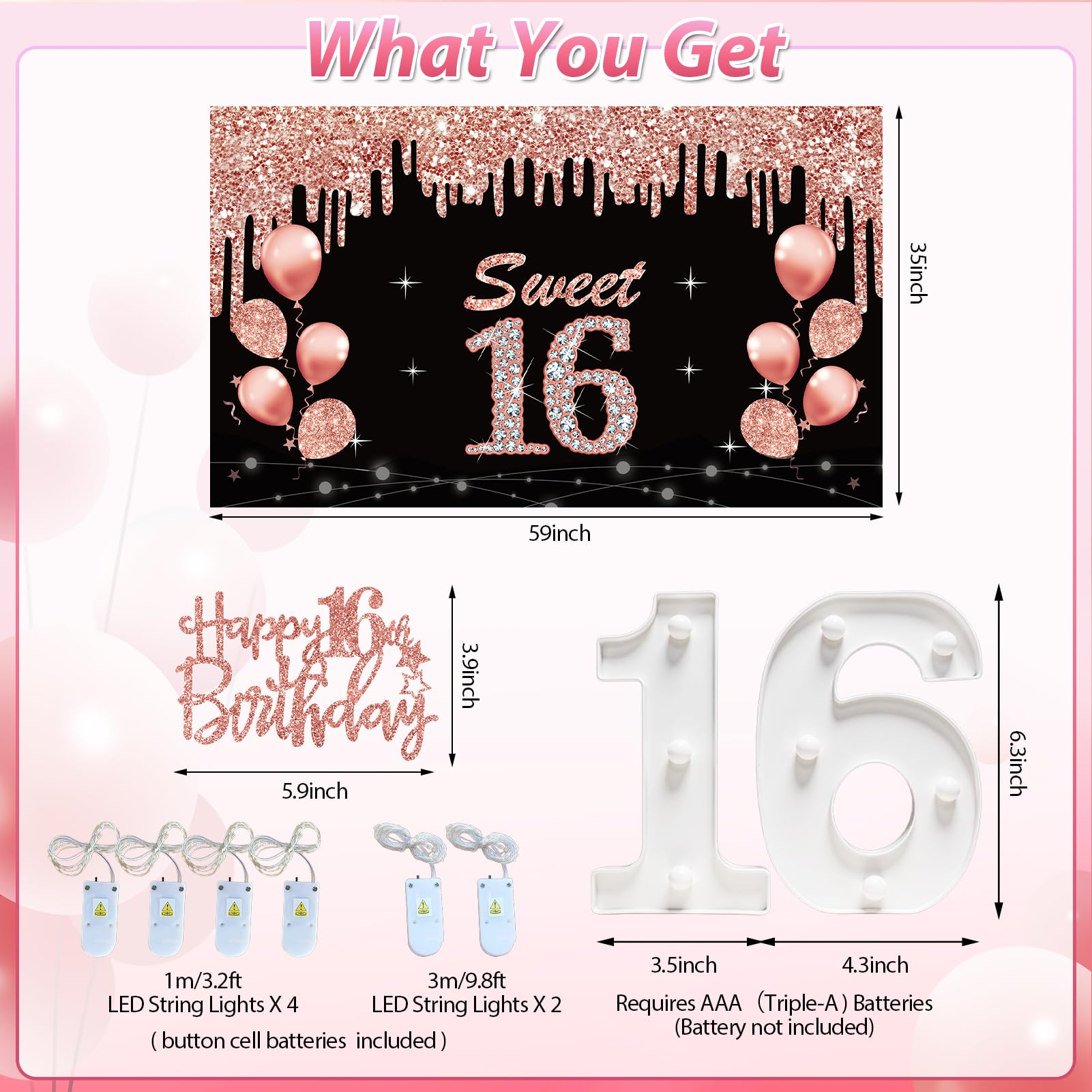 Turypaty Kit de decoración de cumpleaños número 16 para niñas, números