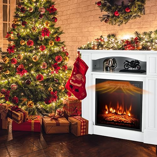 Miniatura 3 de Tangkula Chimenea eléctrica, caja de fuego envolvente de madera independiente con calentador de chimenea de 1400 W, control remoto, termostato,