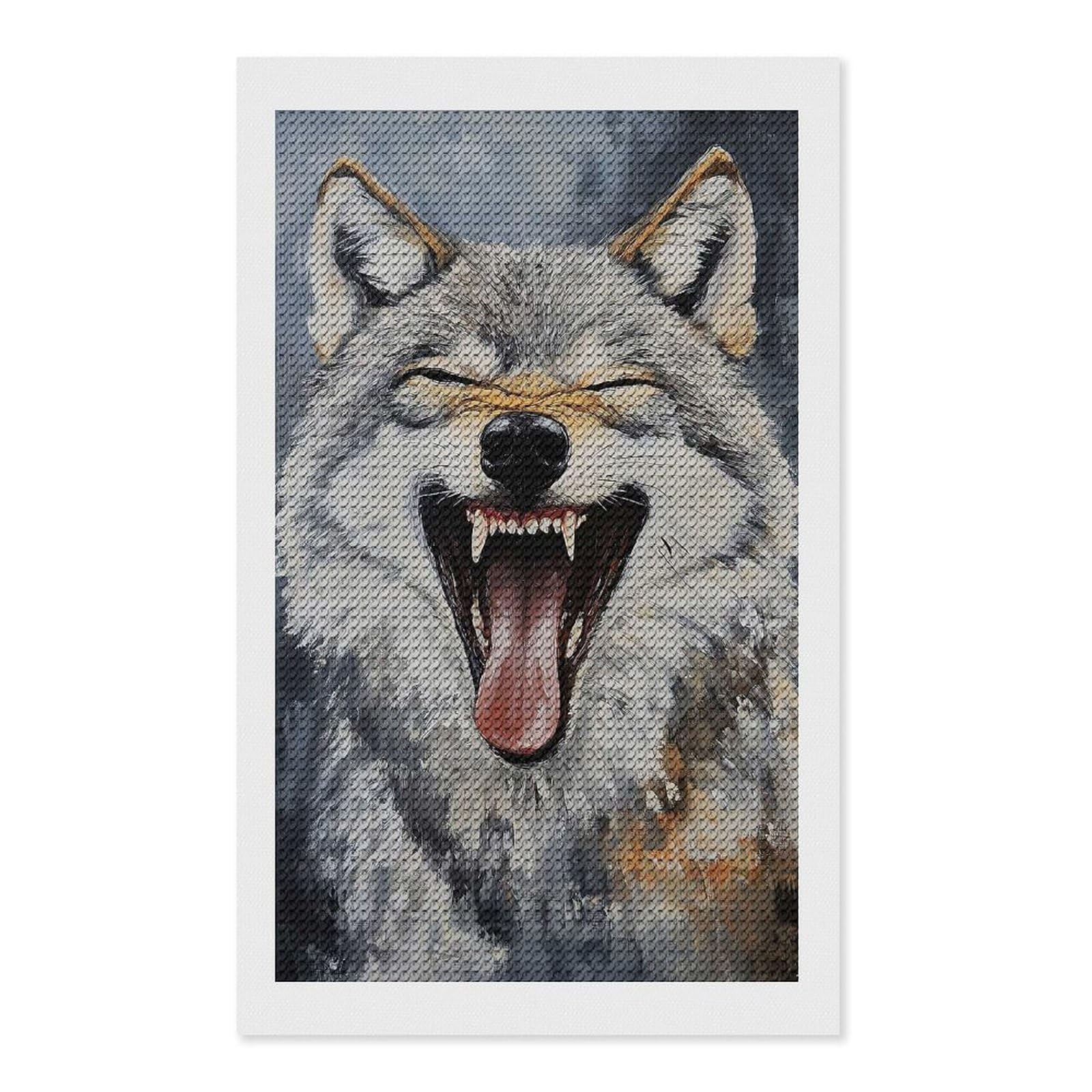 Junmoney Laughing Wolf Painting Diamond Art Kit 12"x20", for Beginners, Vintage Style Decor, Good for Quiet Evenings, Festive Craft Gift