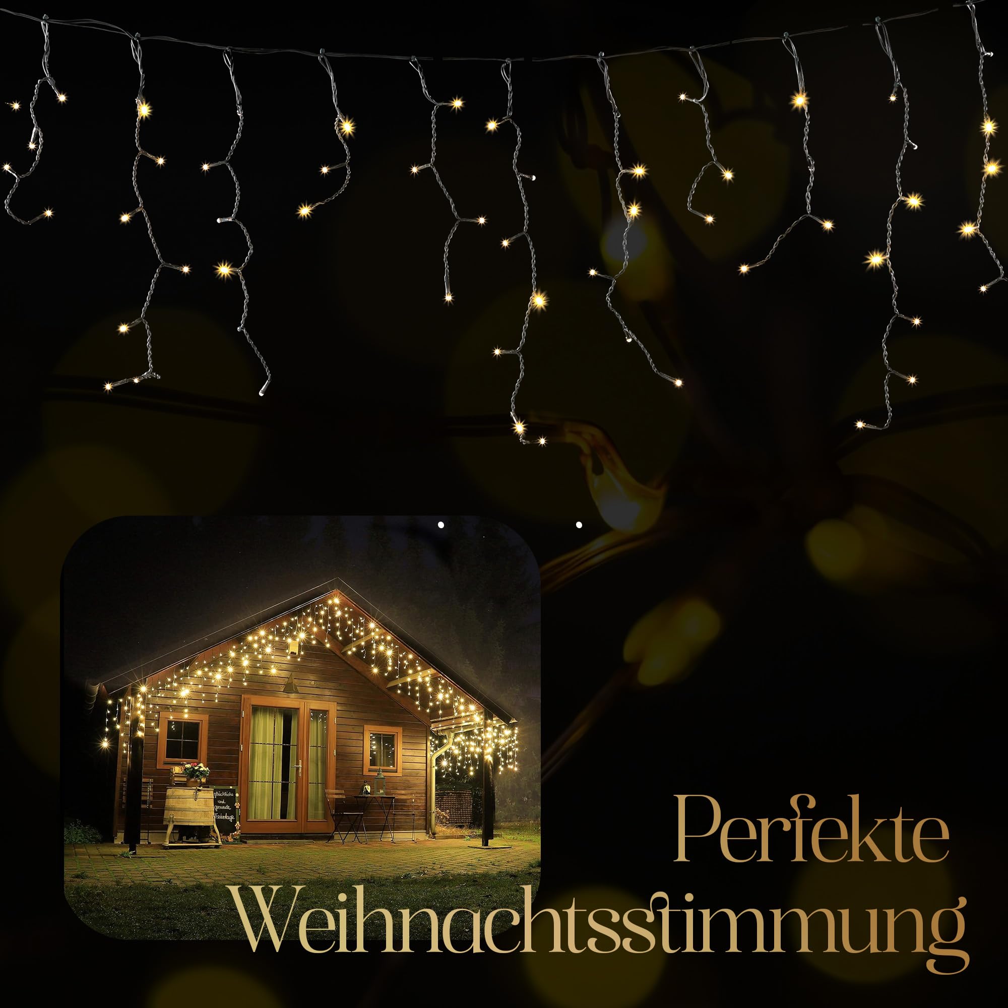 Meisterhome 400 LED Eisregen - 8m + 5m Zuleitung - mit Timer und 8 Beleuchtungsmodi - Eiszapfen Innen und Außen - für Party, Hochzeit, Balkon, Garten Deko - Warmweiß