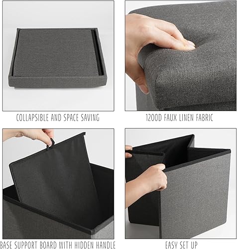 Miniatura 7 de LotFancy Cubo otomano de almacenamiento, asiento otomano plegable, otomana cuadrada con tapa para taburetes y reposapiés, contenedor de tela para