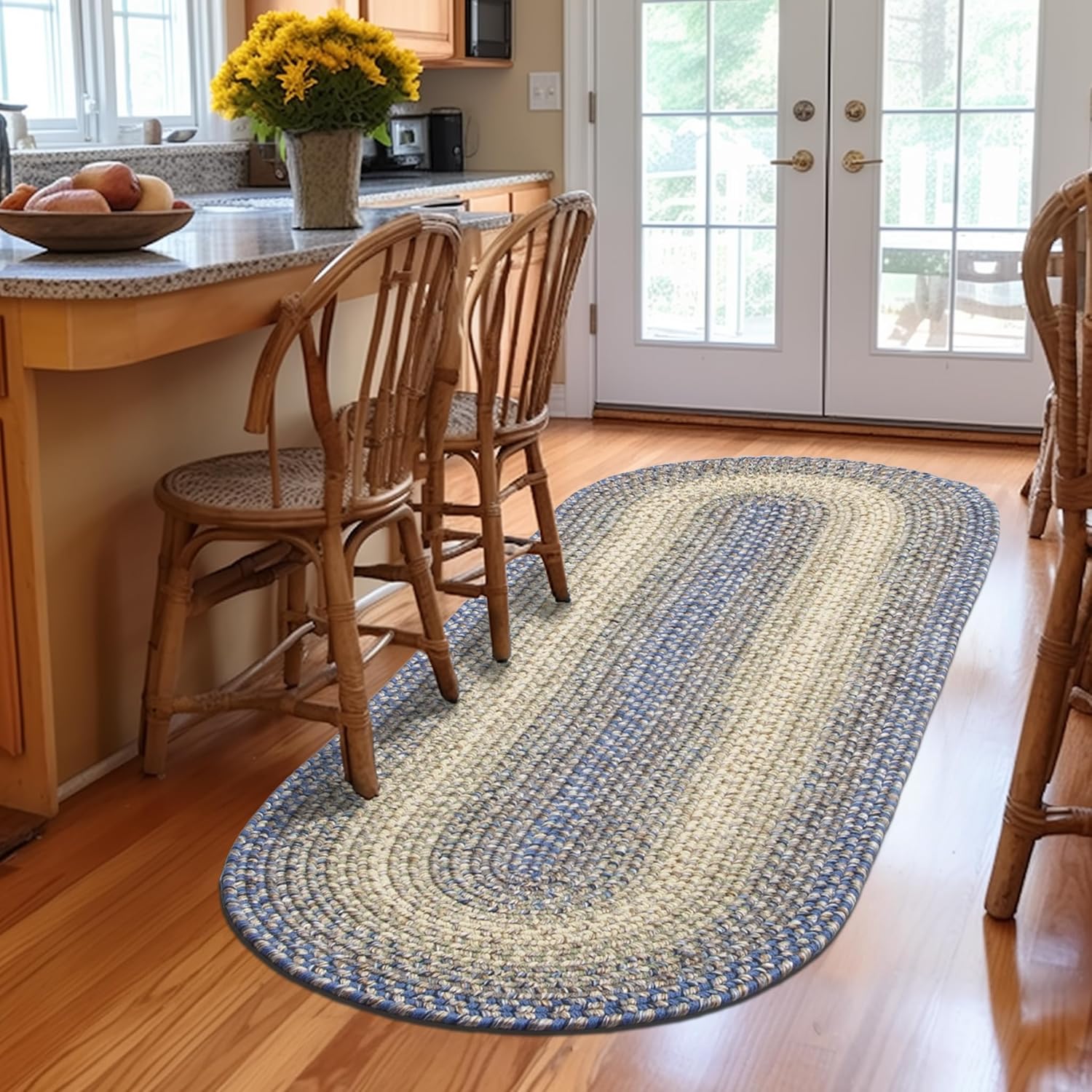Super Area Rugs Braided Rugs Farmhouse Kitchen Rug - Ridgewood Braided Rug for Living Room - Reversible - Indoor/Outdoor - Made in USA - Blue/Beige, 2' X 6' Oval Runner
