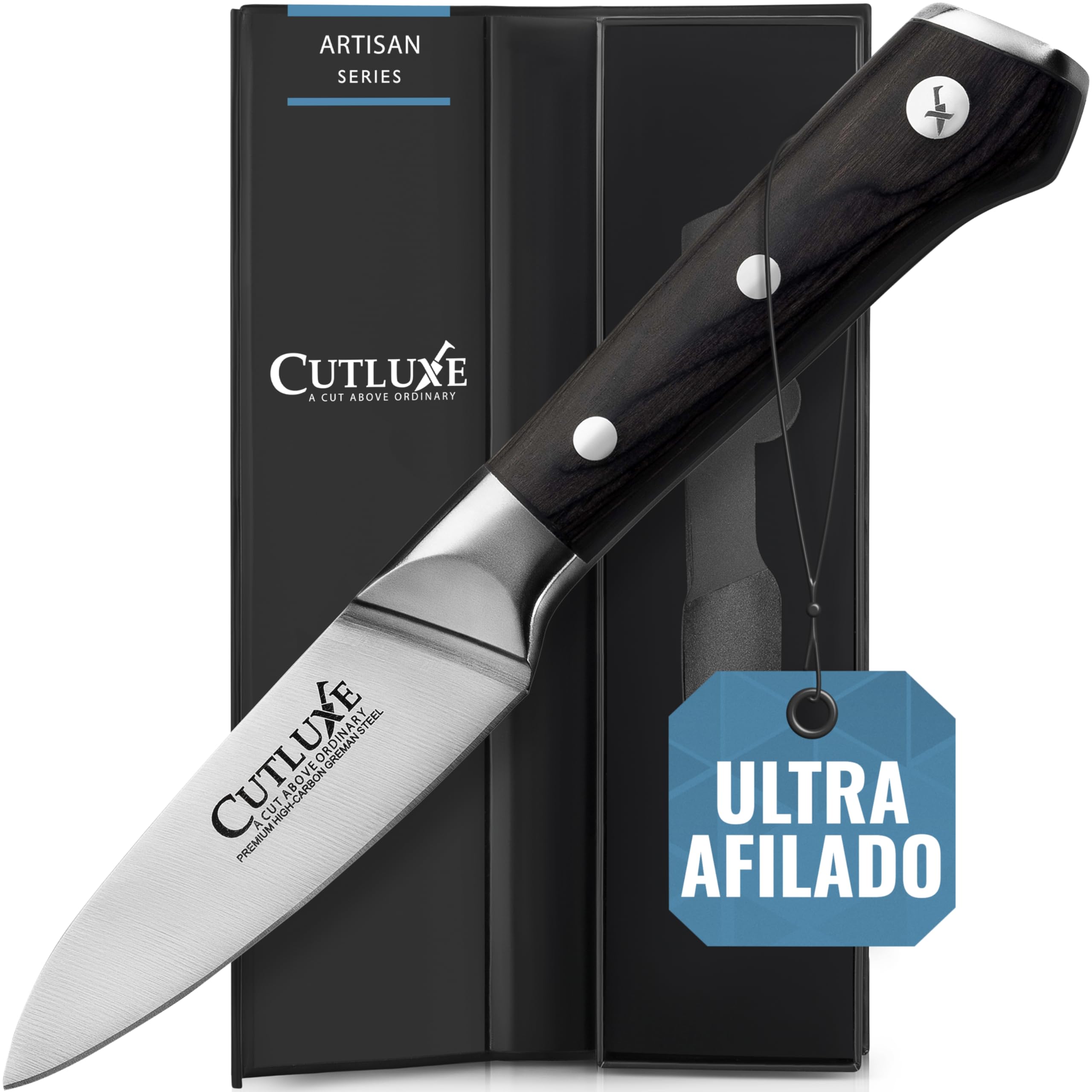 Cutluxe Cuchillo Pelar y Puntilla 9cm para Fruta y Verdura, Acero Alemán | Espiga completa con mango de Pakkawood triple remachado; filo afilado a mano; más de 56 HRC; garantía de por vida