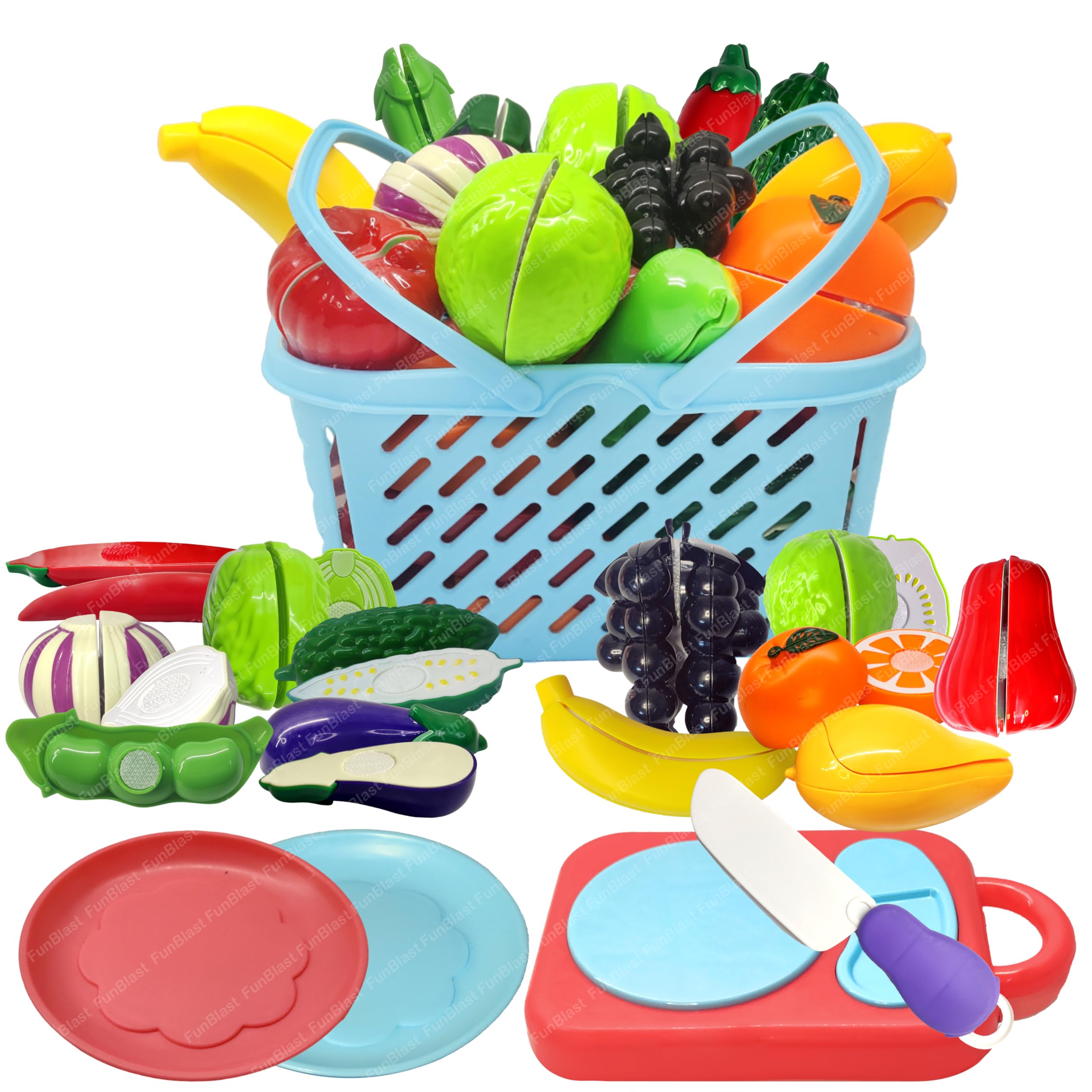 FunBlast Fruits and Vegetables Play Set Toys, Realistic Sliceable Cutting Pretend Play Kitchen Toys for Kids, Play Food Toys, Fruit Vegetable Toys, Chopping Board with Knife and Basket (17 Pieces)-image-27