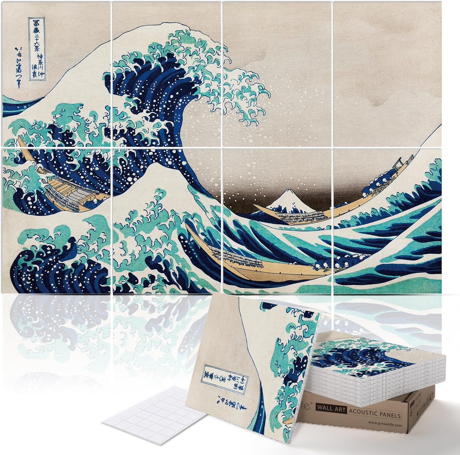PINWELIFE® Wall Art Acoustic Panels, Sound Proof Absorbing Panels for Home/Office, Decorative Absorbing Dampening, Noise and Echo Cancelling (48"x32", Ukiyo-e_The Great Wave)