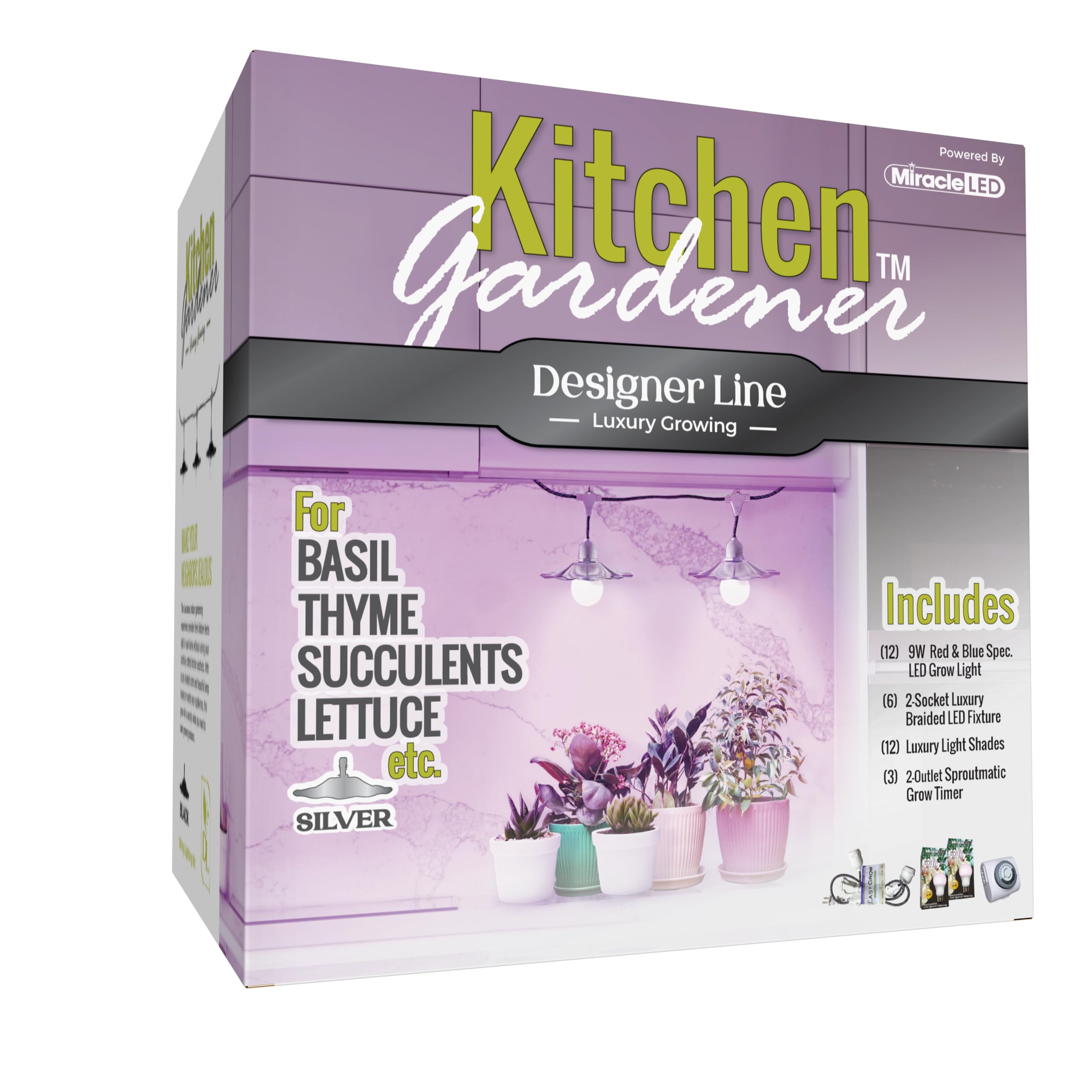 Miracle LED Kitchen Gardener Designer Indoor Grow Kit - 2 Absolute Daylight Red & Blue Spectrum 100W Replacement Grow Bulbs & 1 2-Socket Silver Shaded Fixture with Timer (6-Pack)