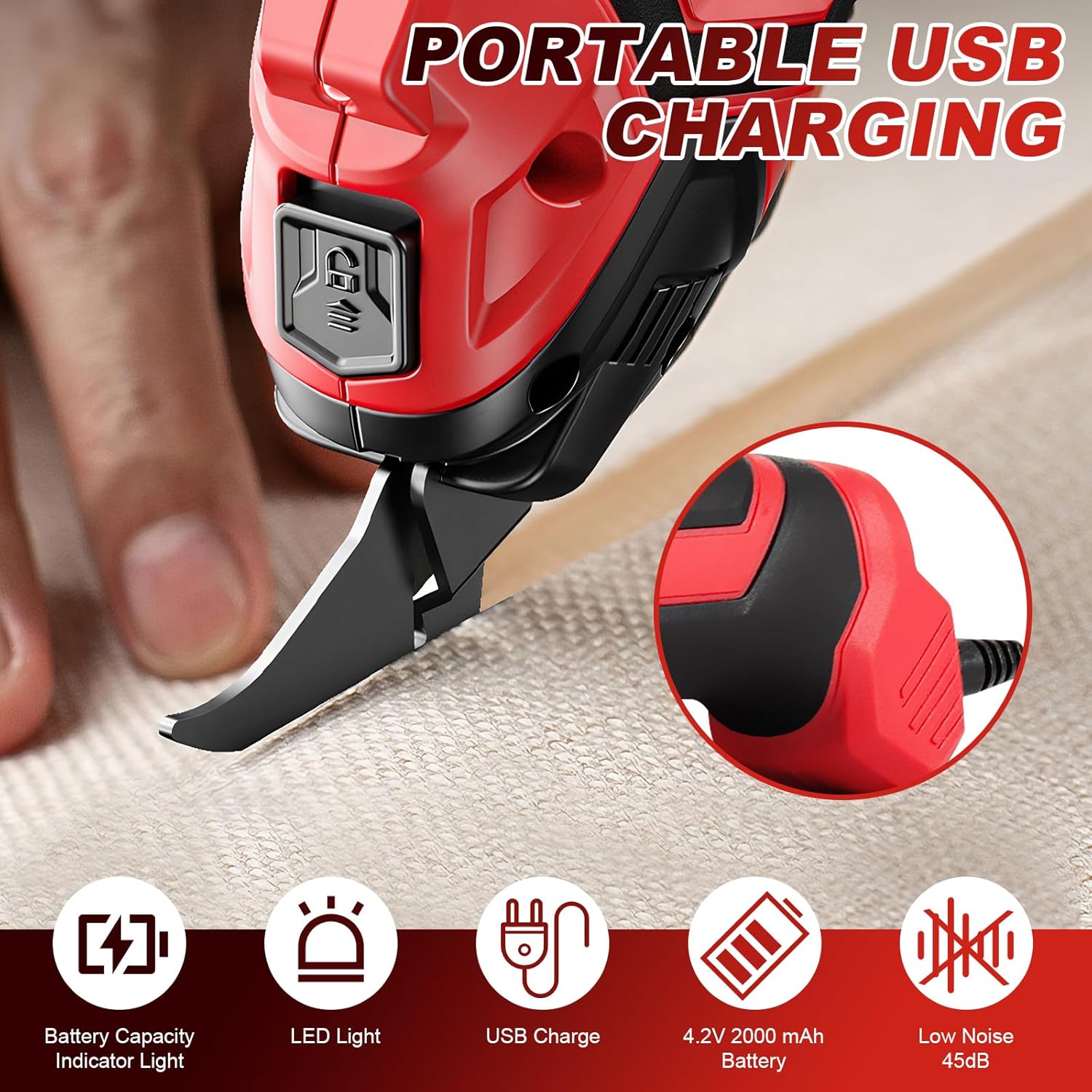 Electric Scissors with 2 Blades, 4.2V Cordless Fabric Shears Rechargeable Cloth Cutter, Power Shears for Sewing/Carpet/Leather/Rubber/Cardboard