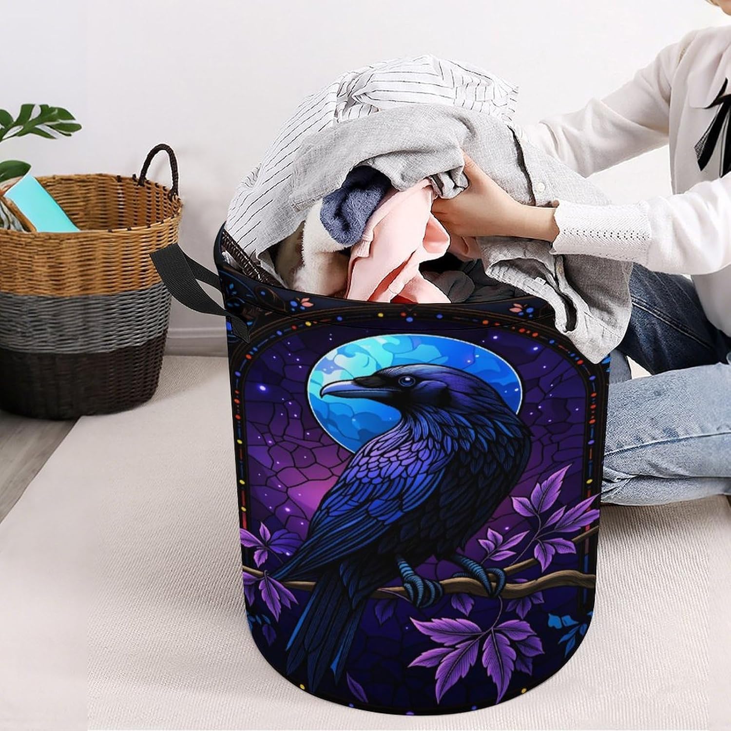 Black Raven Purple Flowers Laundry Basket, Large Collapsible Round Hamper with Hand Strap, Waterproof Clothes Bin for Bedroom, Bathroom, Dorm & Laundry Room 44x44cm