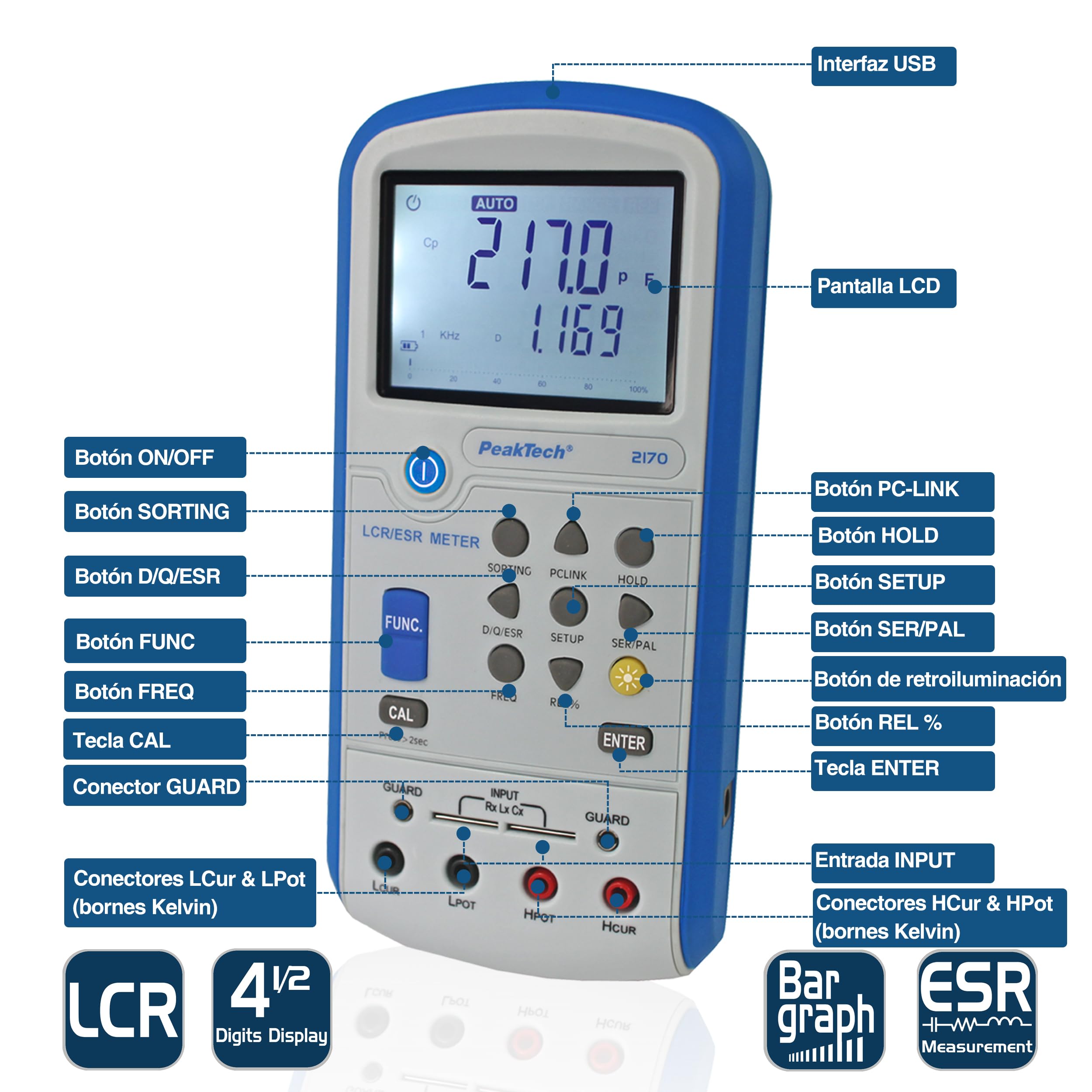 PeakTech 2170 - Medidor LCR, Dispositivo de Medición Esr con Usb, Incluido Software, Frecuencia 1/120 Hz, 1/10/100 Khz, Digital, Medición de Corriente, Pantalla LCD Iluminada, Gráfico de Barras