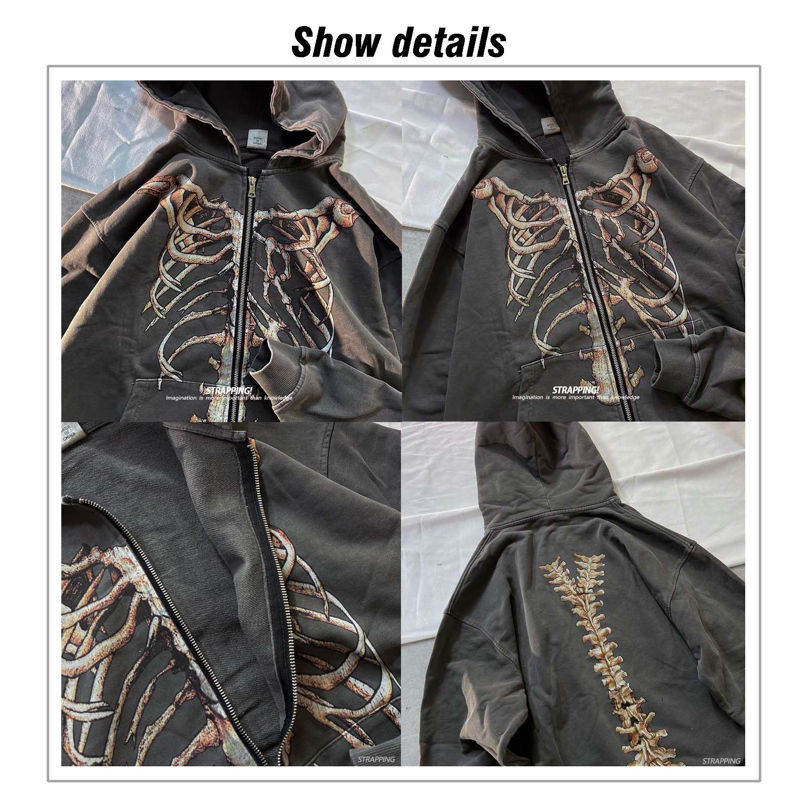 MLAFE Gothic Hooded Sweater Retro Bone Print Hooded sweatshirt Y2K zip-up jacket Grunge Hooded Sweater Harajuku upper garment: XX-Large Grey