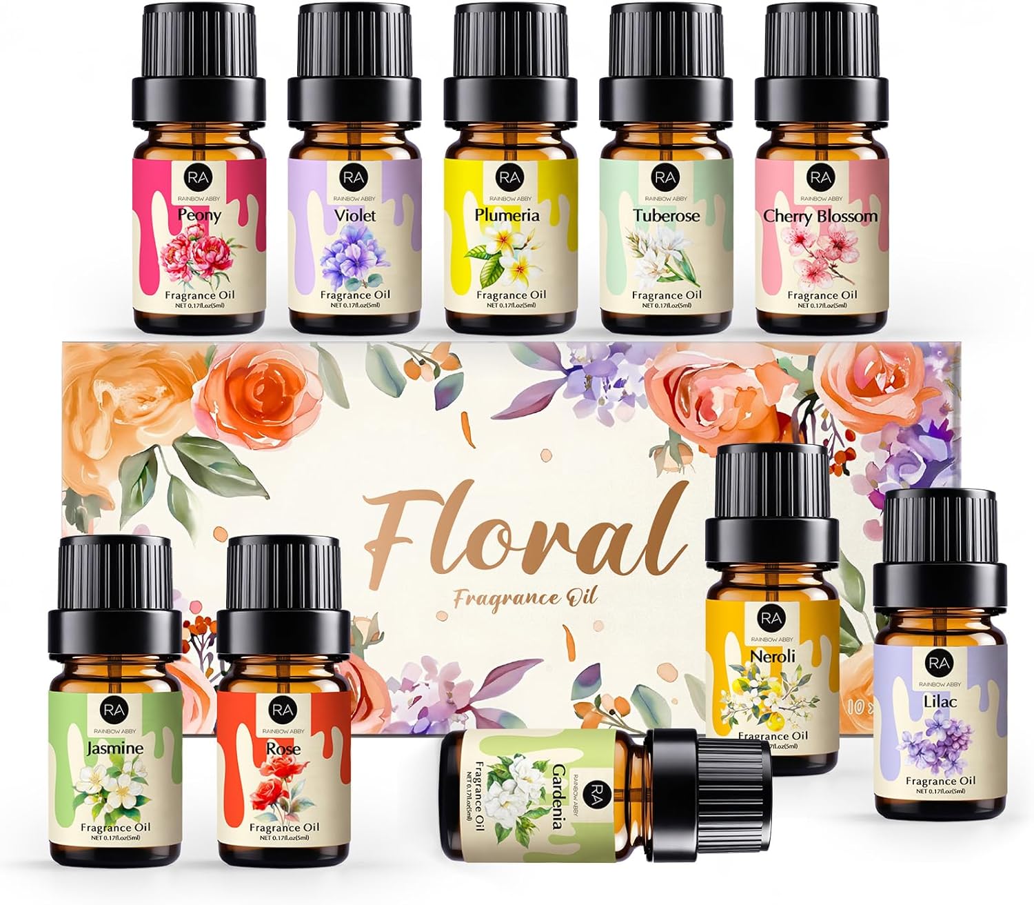 RAINBOW ABBY Floral Essential Oils Set, Premium Fragrance Oil for Candle & Soap Making, 10 Flower Scents in 5ML Bottles, Rose, Jasmine, Cherry Blossom, Gardenia, Plumeria, Peony - Image 7