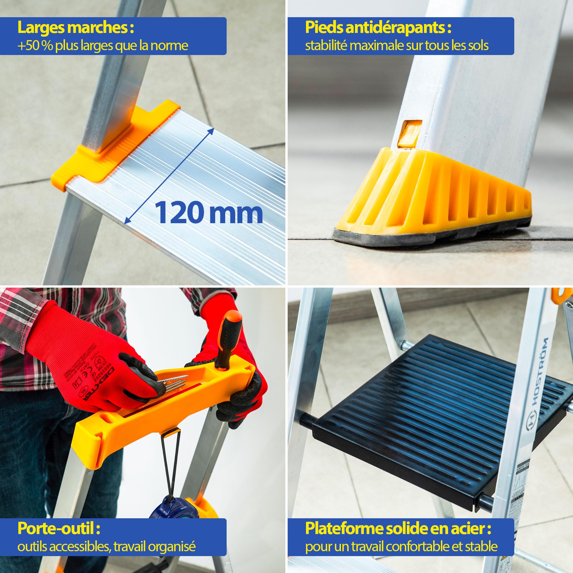HOSTROM aluminiowa drabina 6 stopni, bezpieczna składana drabinka, uchwyt na narzędzia, bardzo szerokie stopnie 12 cm, do użytku domowego i profesjonalnego, 5 lat