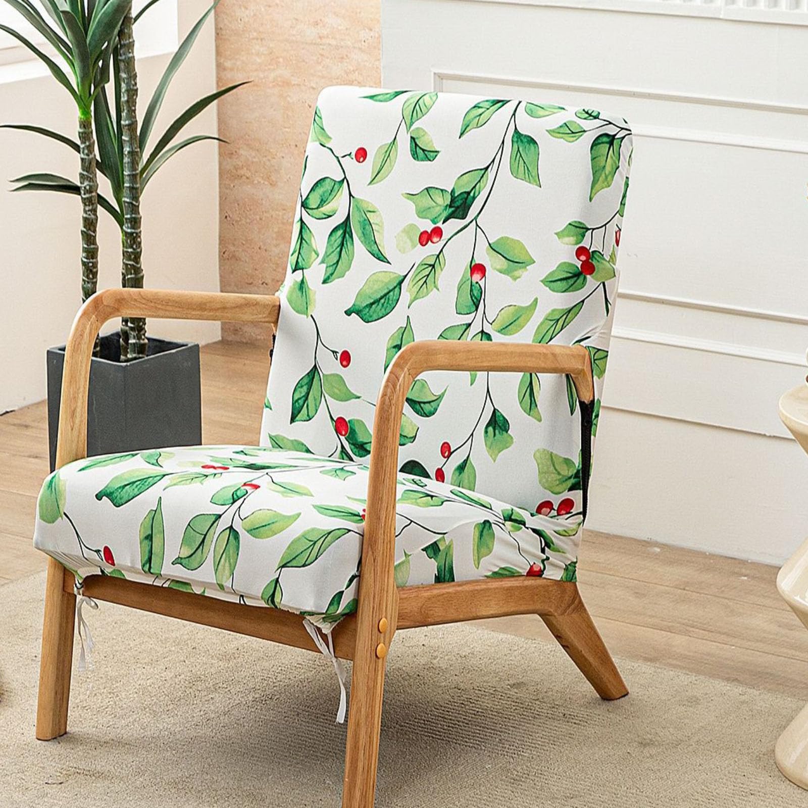 FANSU Stretch Arm Chair Covers for Mid Century Modern Upholstered Protector, 1 Seater Accent Chair Cover with Zipper Wooden Armchair Slipcover Elastic Furniture Protector, Nordic Plants (Green)