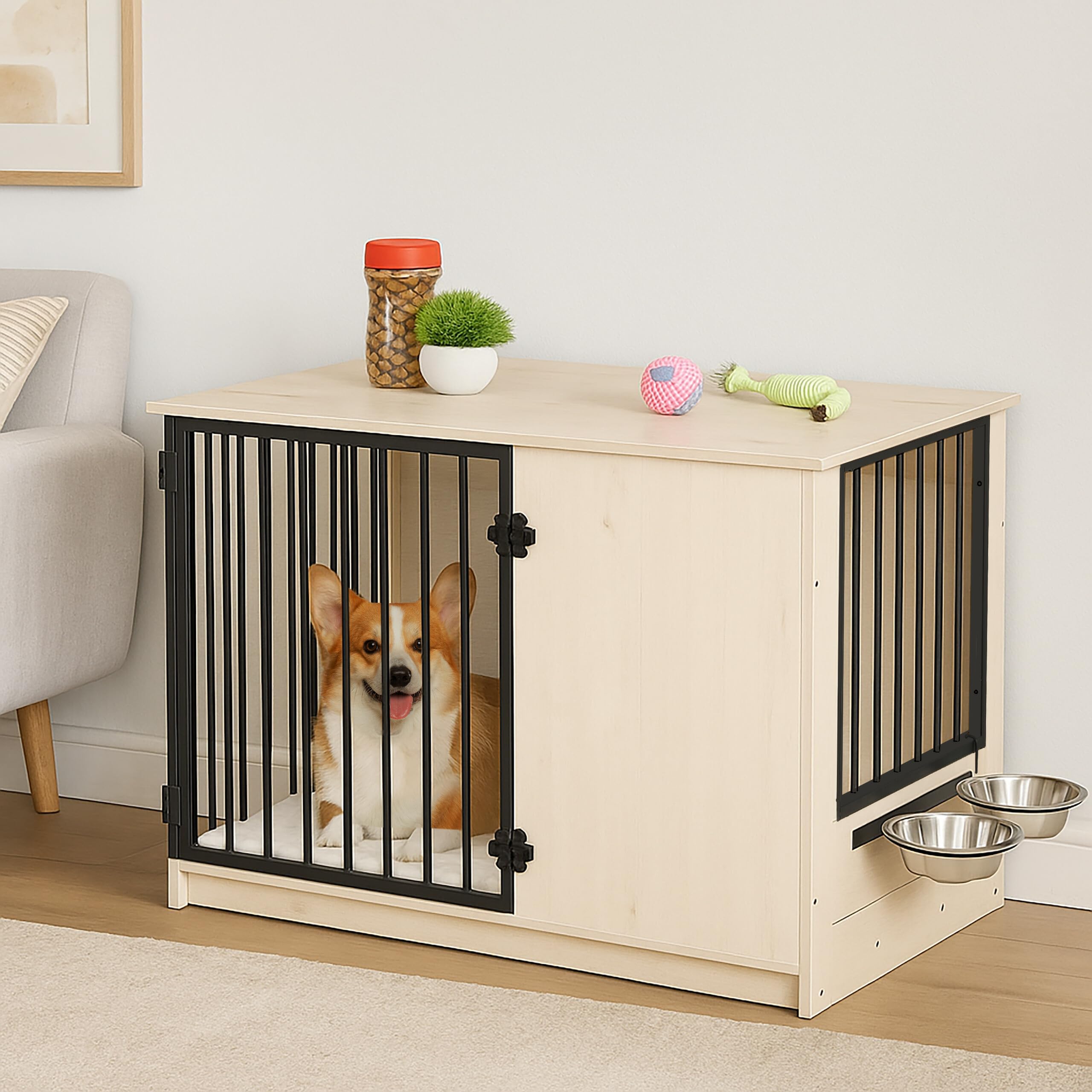 Relaxdays Gabbia per Cani Mobile con Kennel Integrato 65,5x102x60 cm Acciaio e MDF Grigio Nero 2 Ciotole