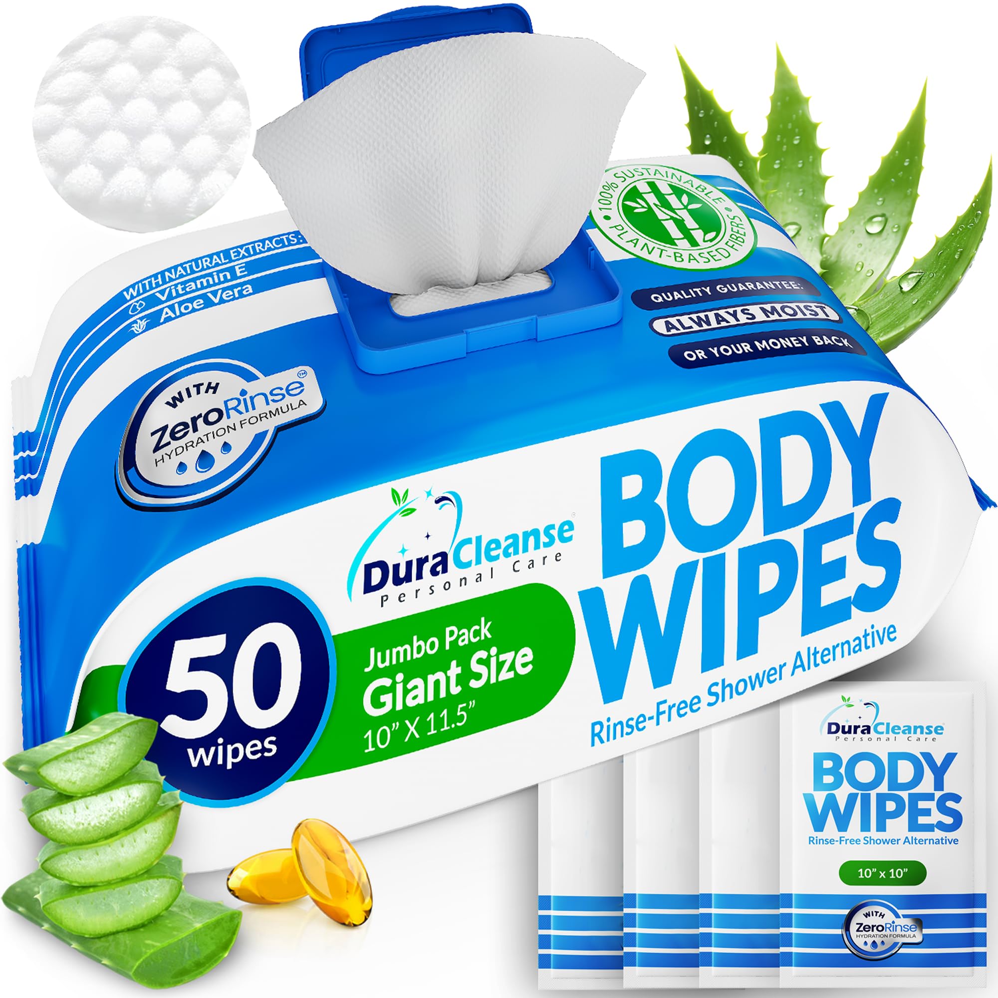 XL Body Wipes (50 Count) + 4 Travel Bath Wipes - 9" x 12" No Rinse Thick Cleansing Shower Wipes, Disposable Washcloths for Adults with Aloe Vera & Vitamin E for Bathing, Camping, Elderly Incontinence